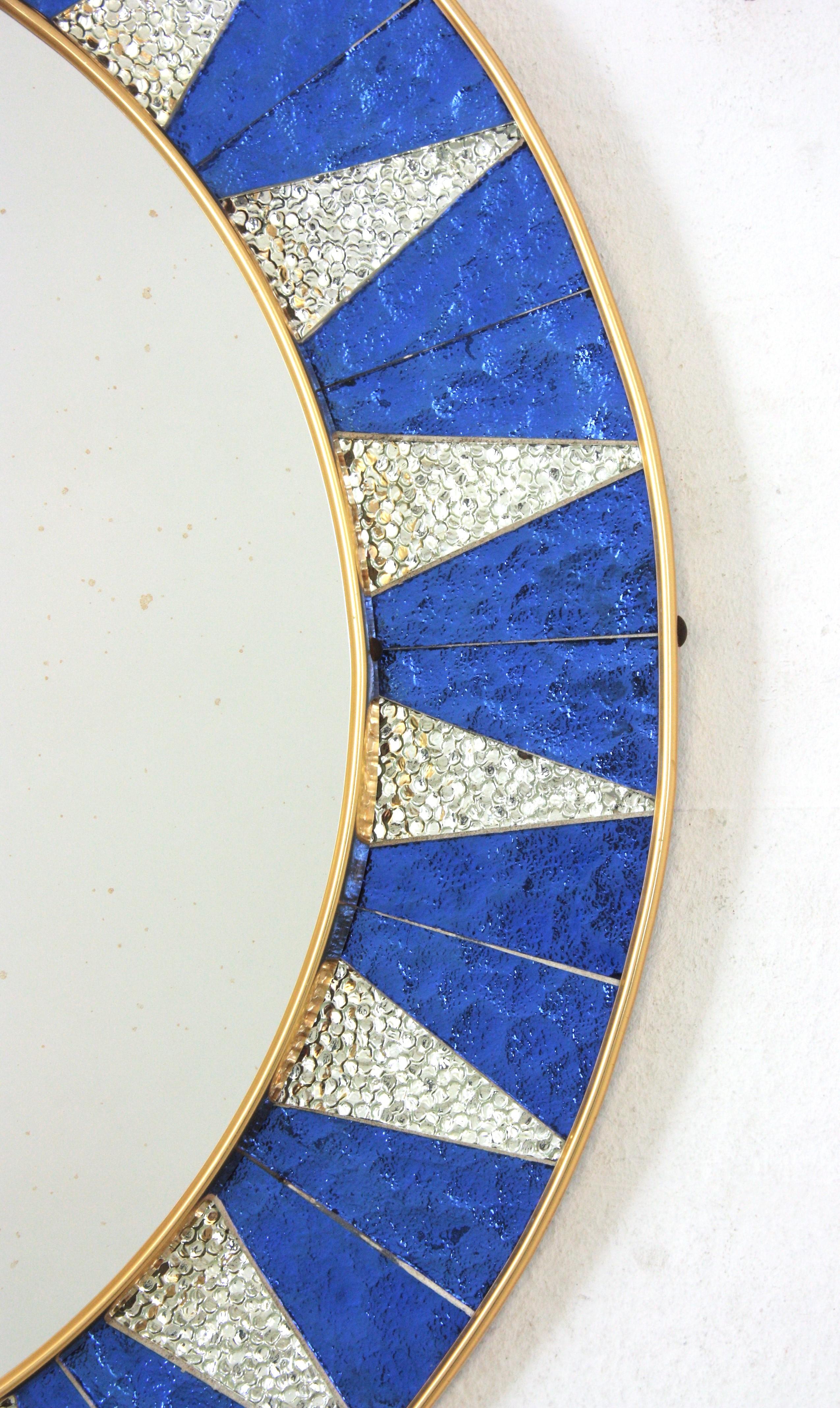 20th Century Sunburst Mirror with Blue and Silvered Mosaic Glass Frame, Spain, 1960s For Sale