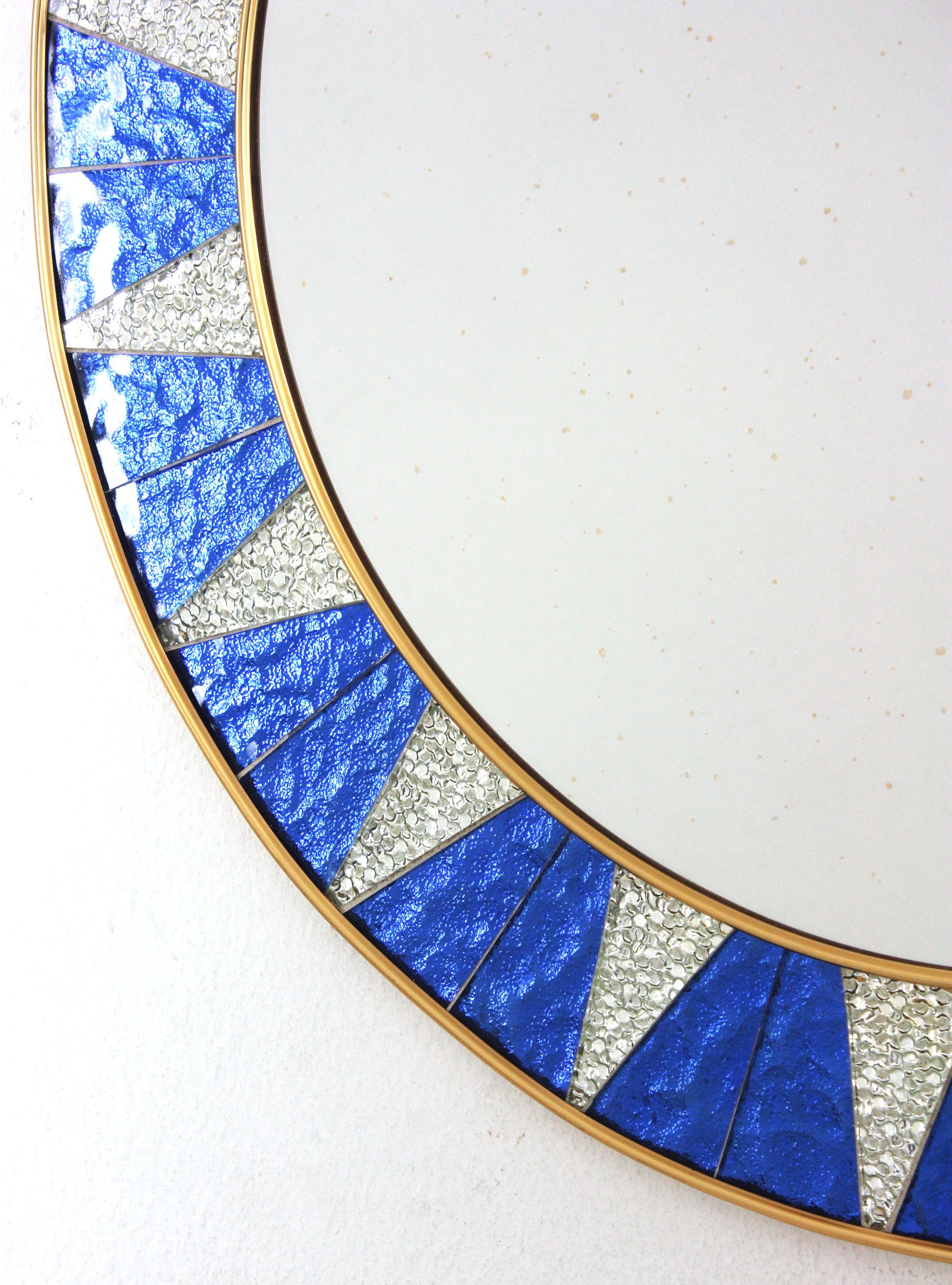 Brass Sunburst Mirror with Blue and Silvered Mosaic Glass Frame, Spain, 1960s For Sale