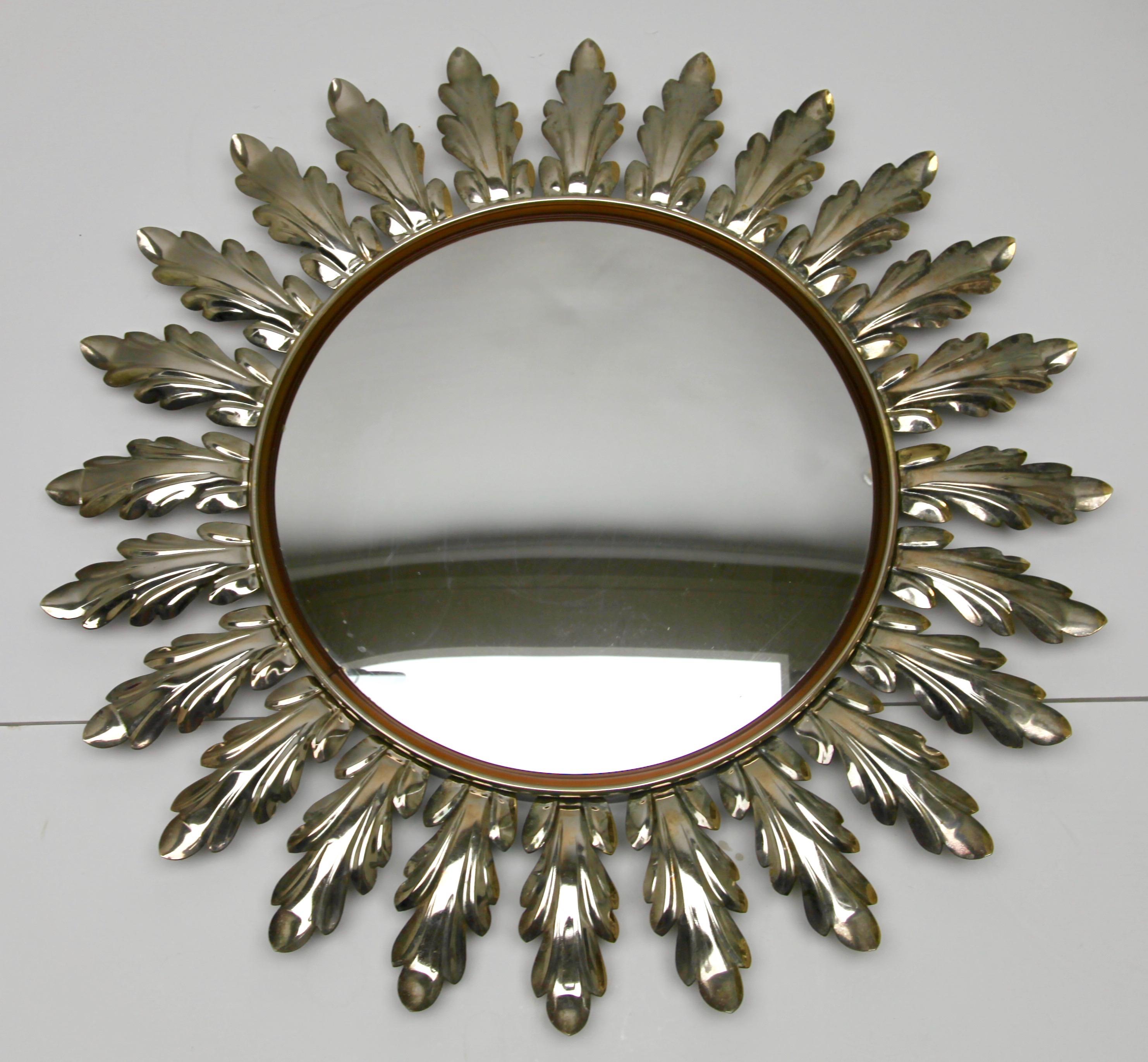 Belgian Sunburst Mirror with Convex Mirror Made by Factory Deknudt in Belgium, 1950s
