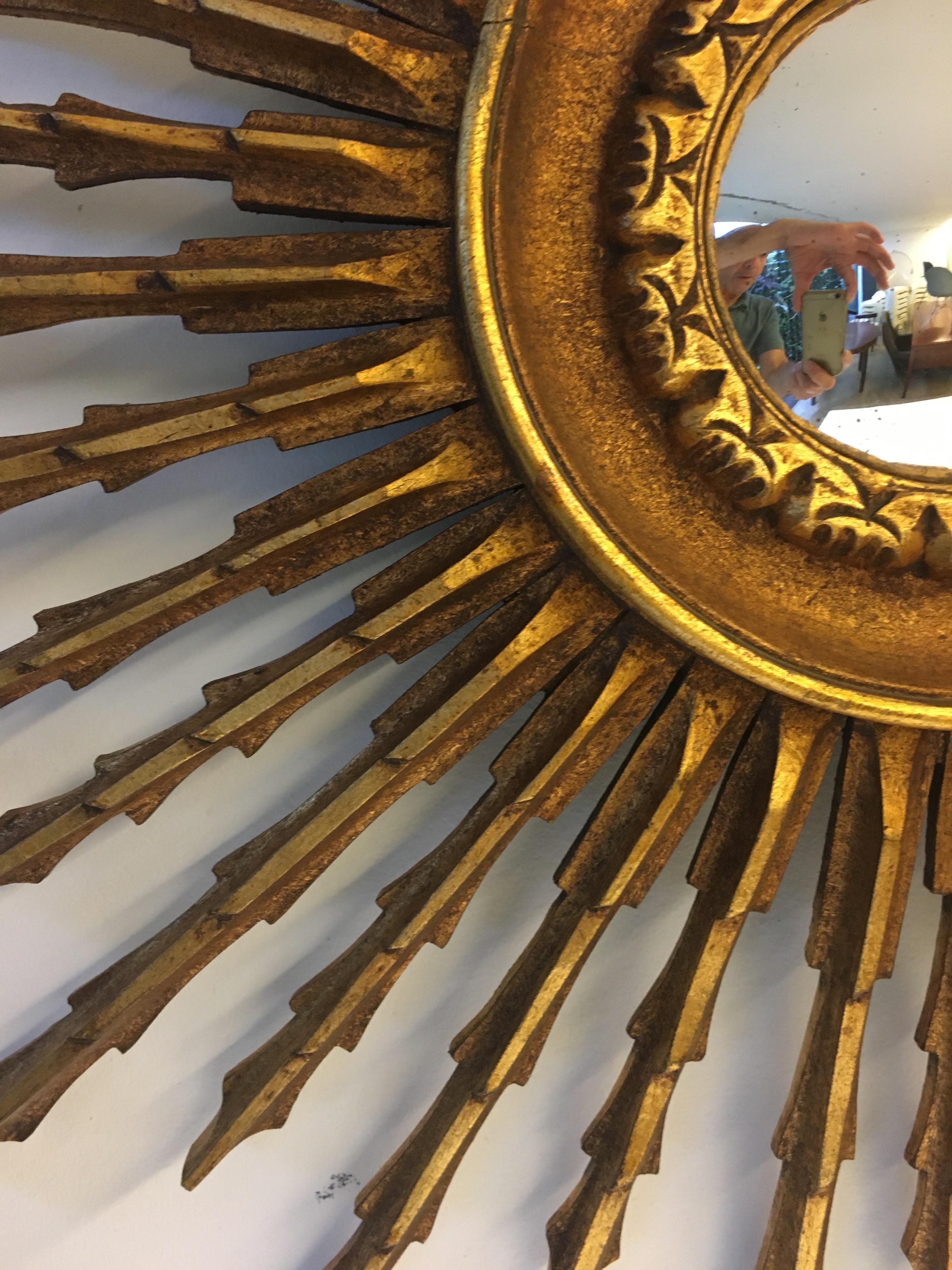 Mid-Century Modern Sunburst Mirror with Convex Mirror Plate
