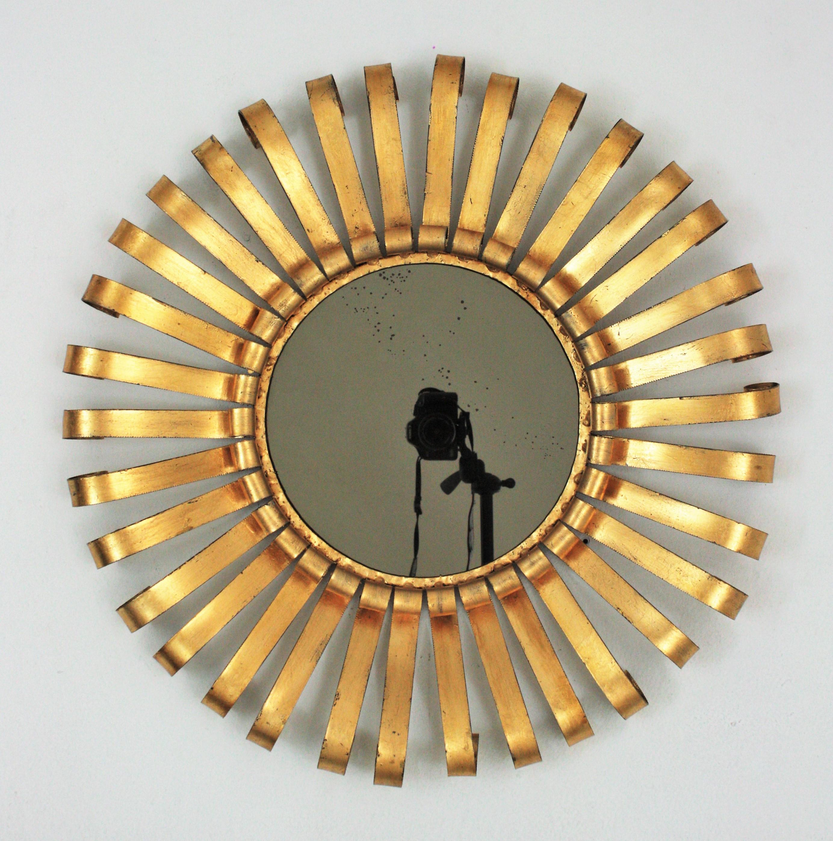 Mid-Century Modern Sunburst Mirror in Wrought Gilt Iron, 1960s For Sale