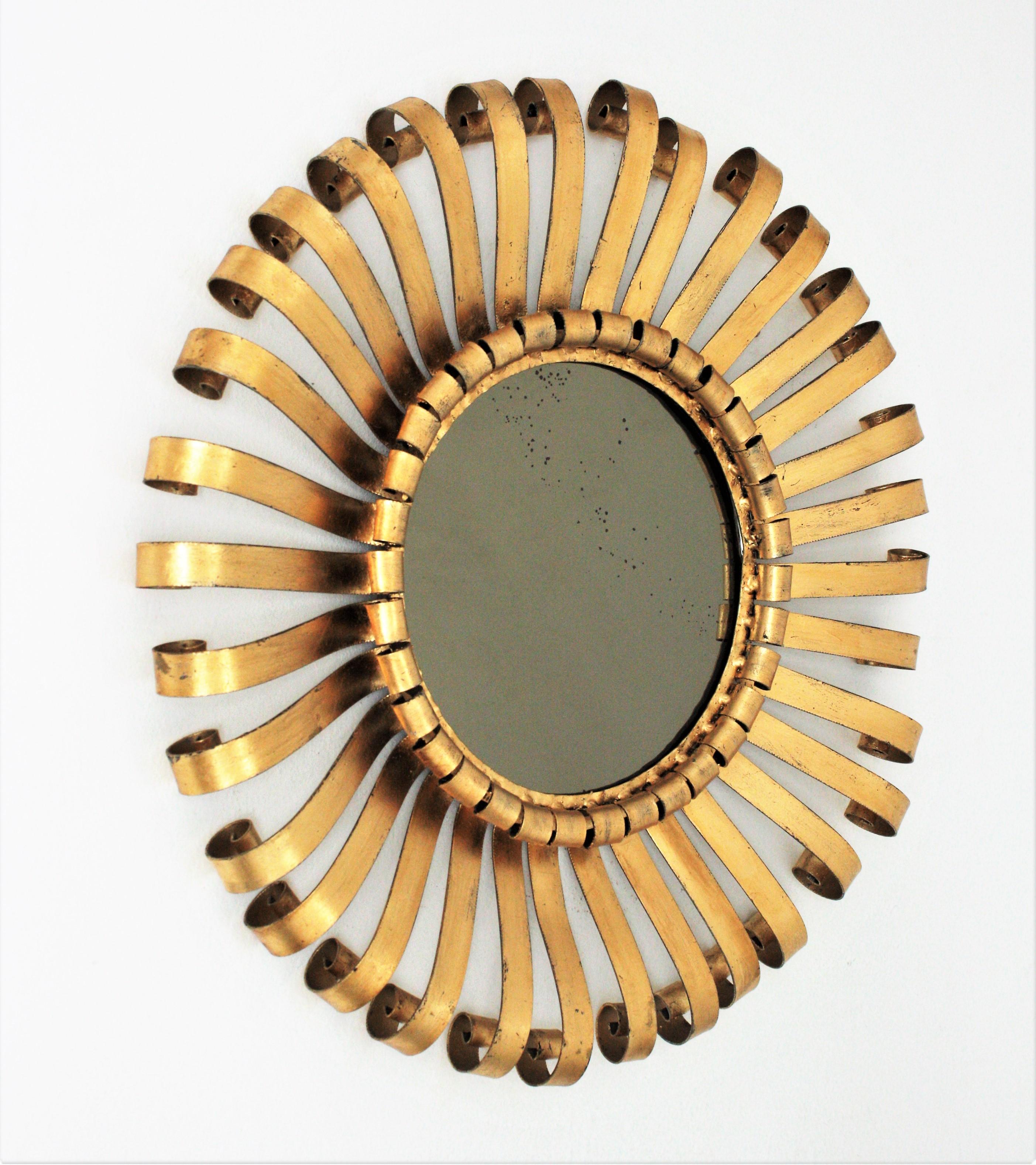 Spanish Sunburst Mirror in Wrought Gilt Iron, 1960s For Sale
