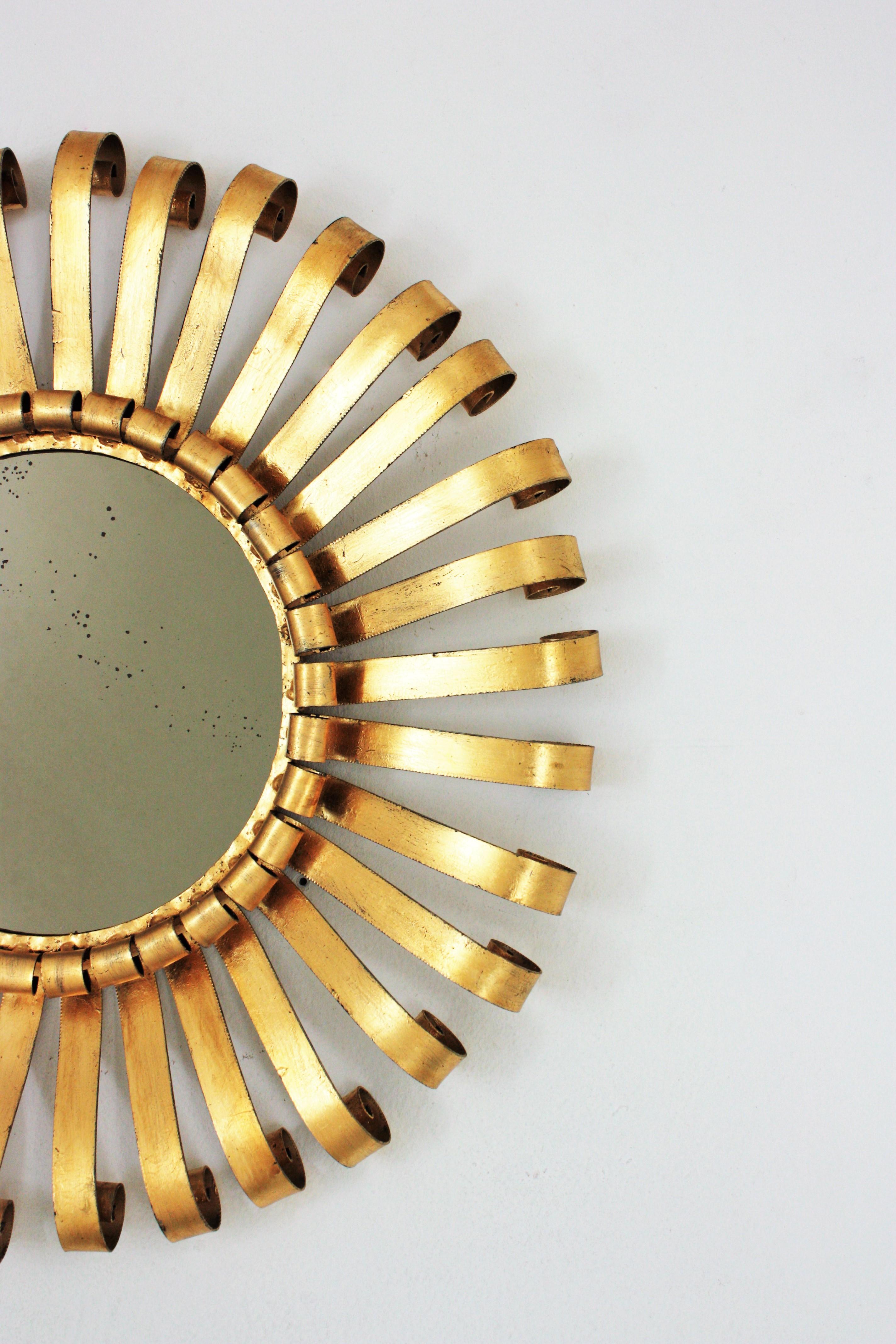 Sunburst Mirror in Wrought Gilt Iron, 1960s For Sale 1