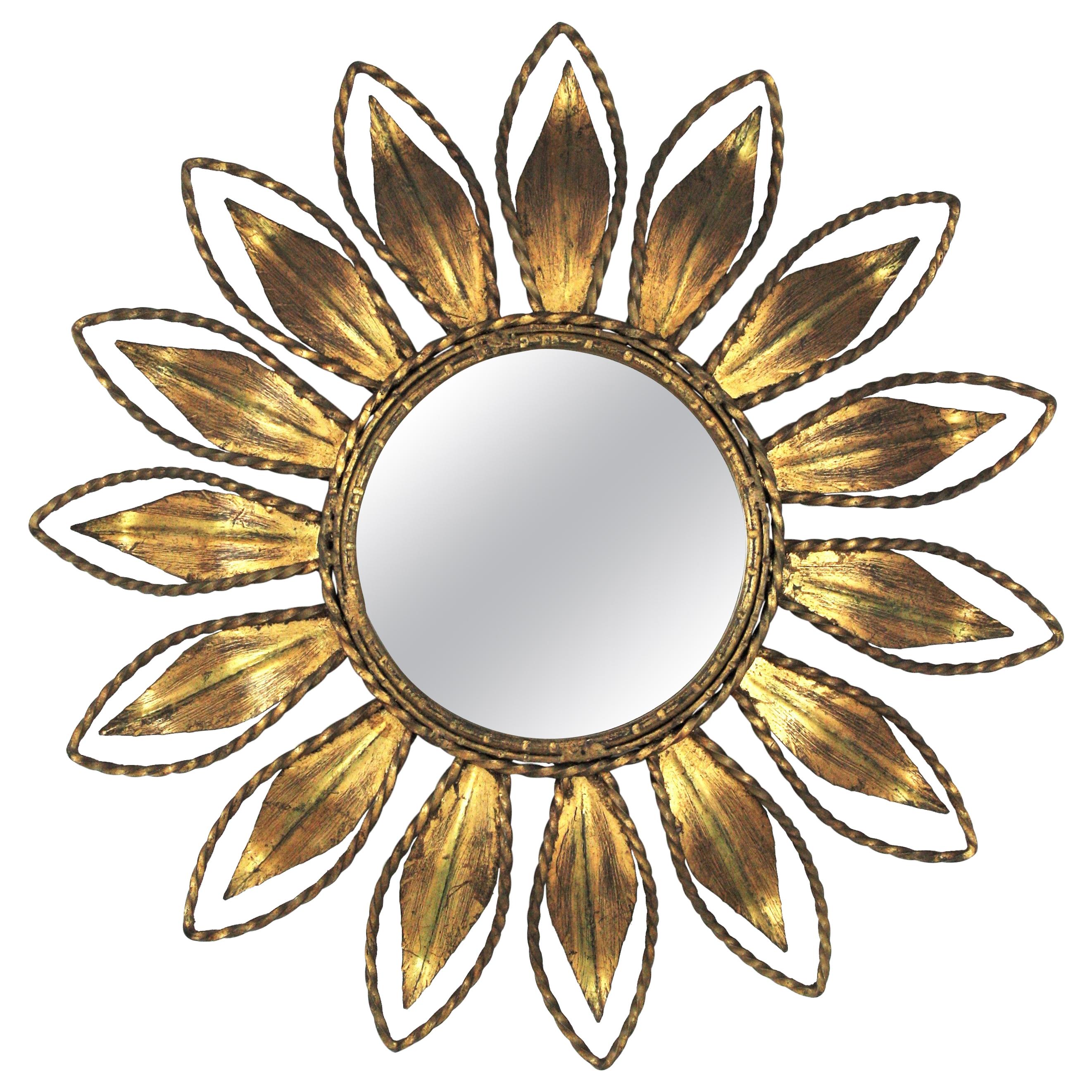 Spanish Mid-Century Modern Sunburst Mirror in Gilt Metal
