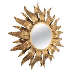 Sunburst Mirror with Leafed Frame in Gilt Metal