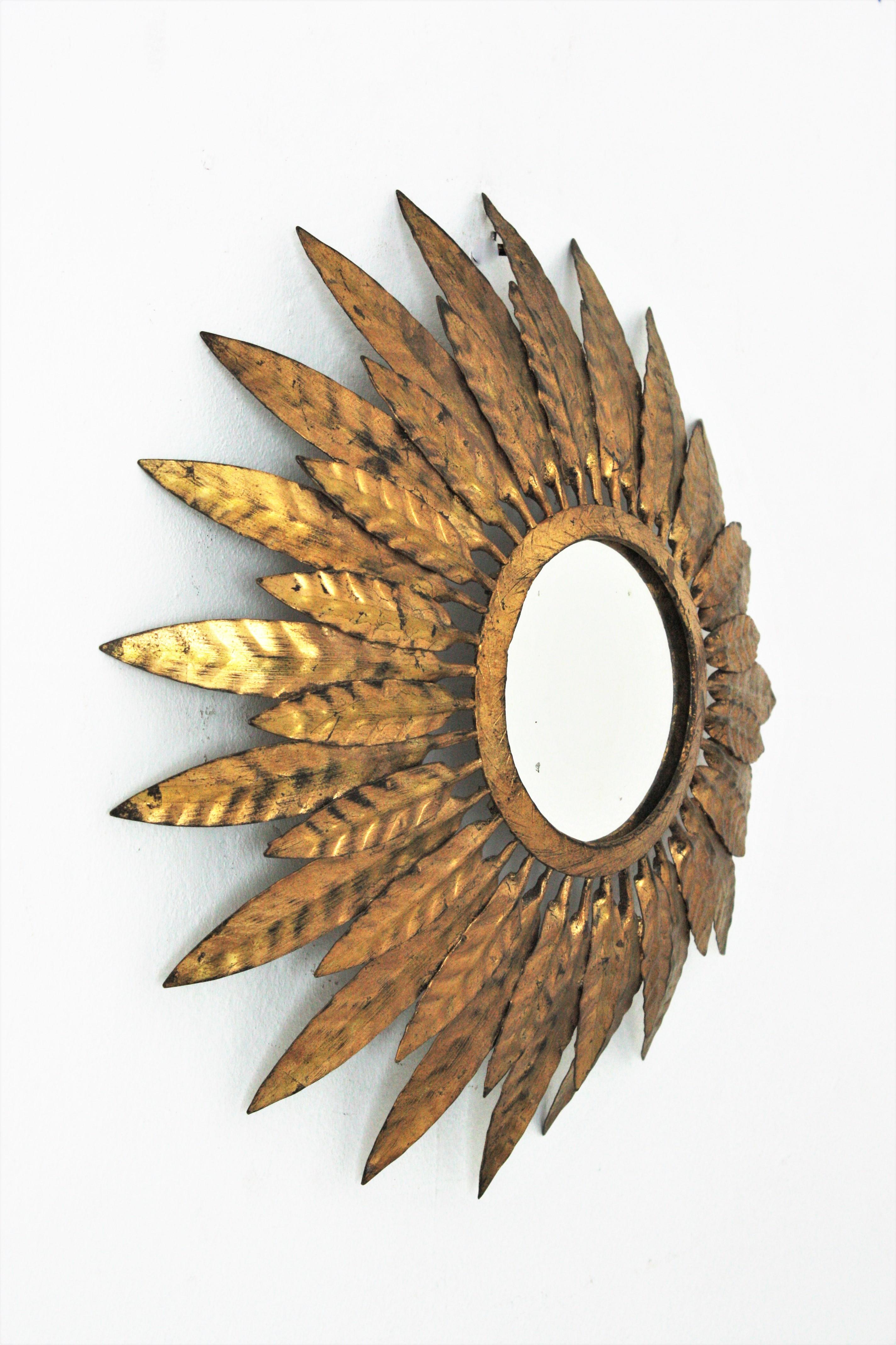 Mid-Century Modern Sunburst Mirror with Leafed Frame, Gilt Iron For Sale