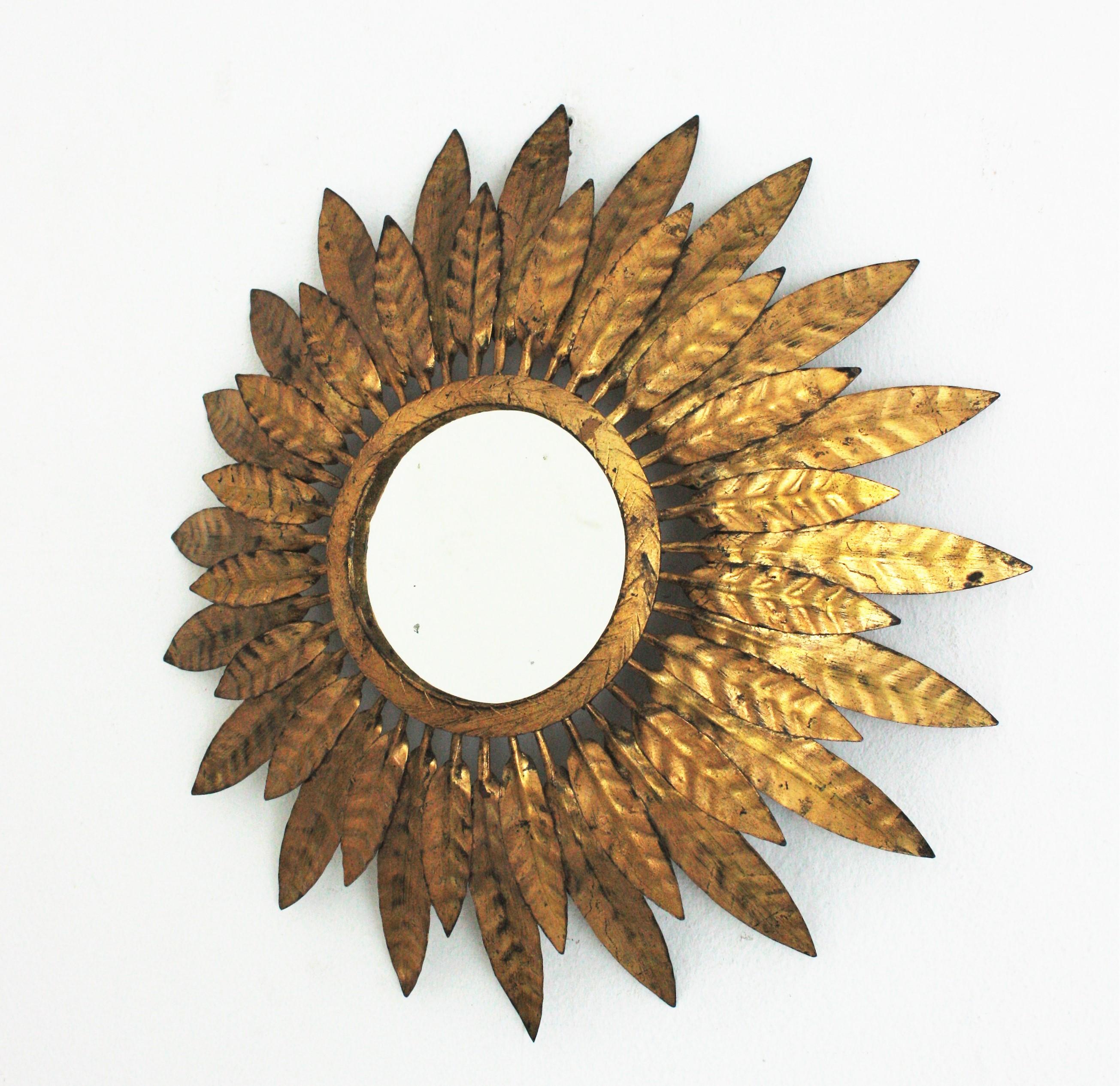 20th Century Sunburst Mirror with Leafed Frame, Gilt Iron For Sale