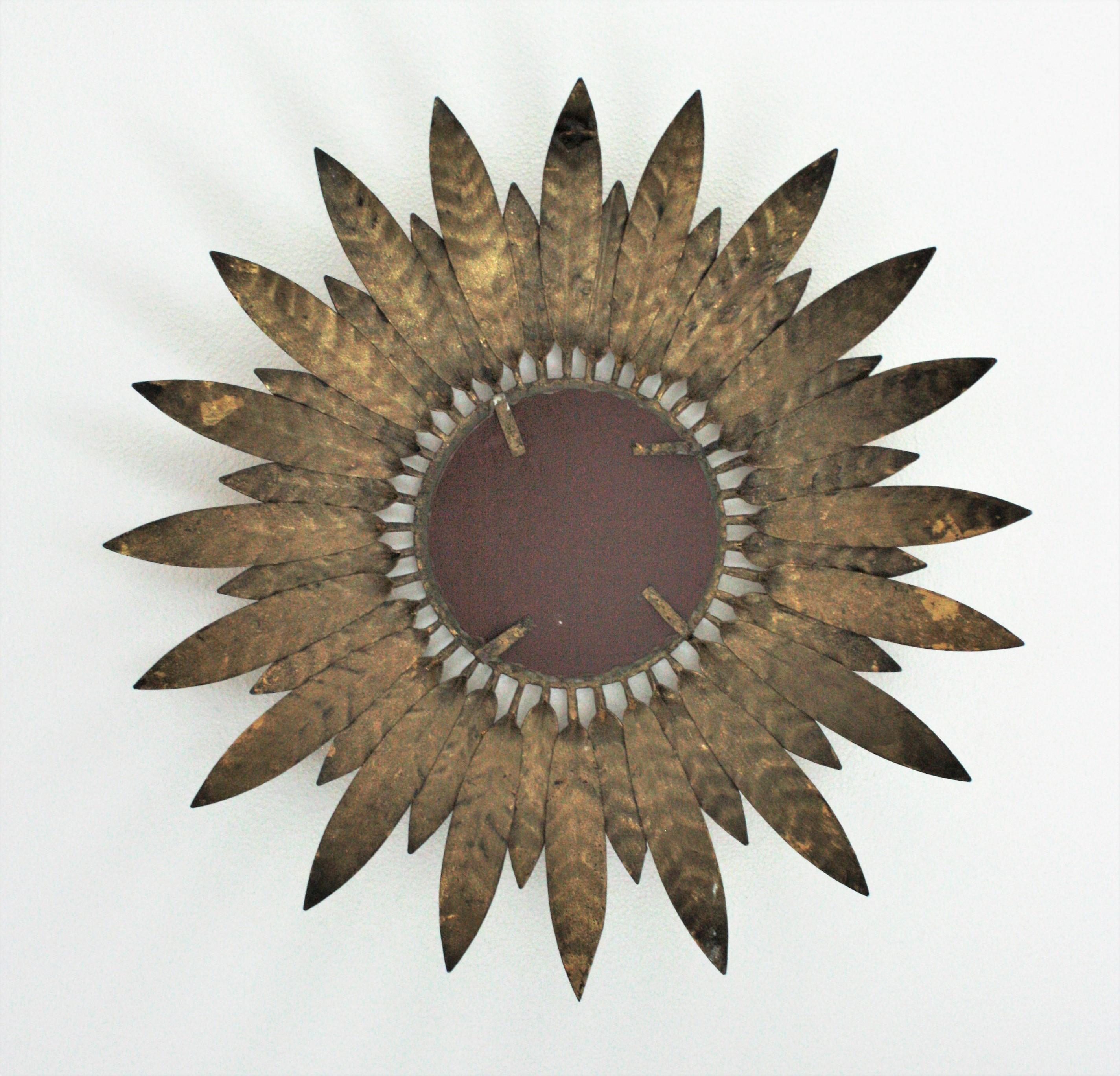Gold Leaf Sunburst Mirror with Leafed Frame, Gilt Iron For Sale