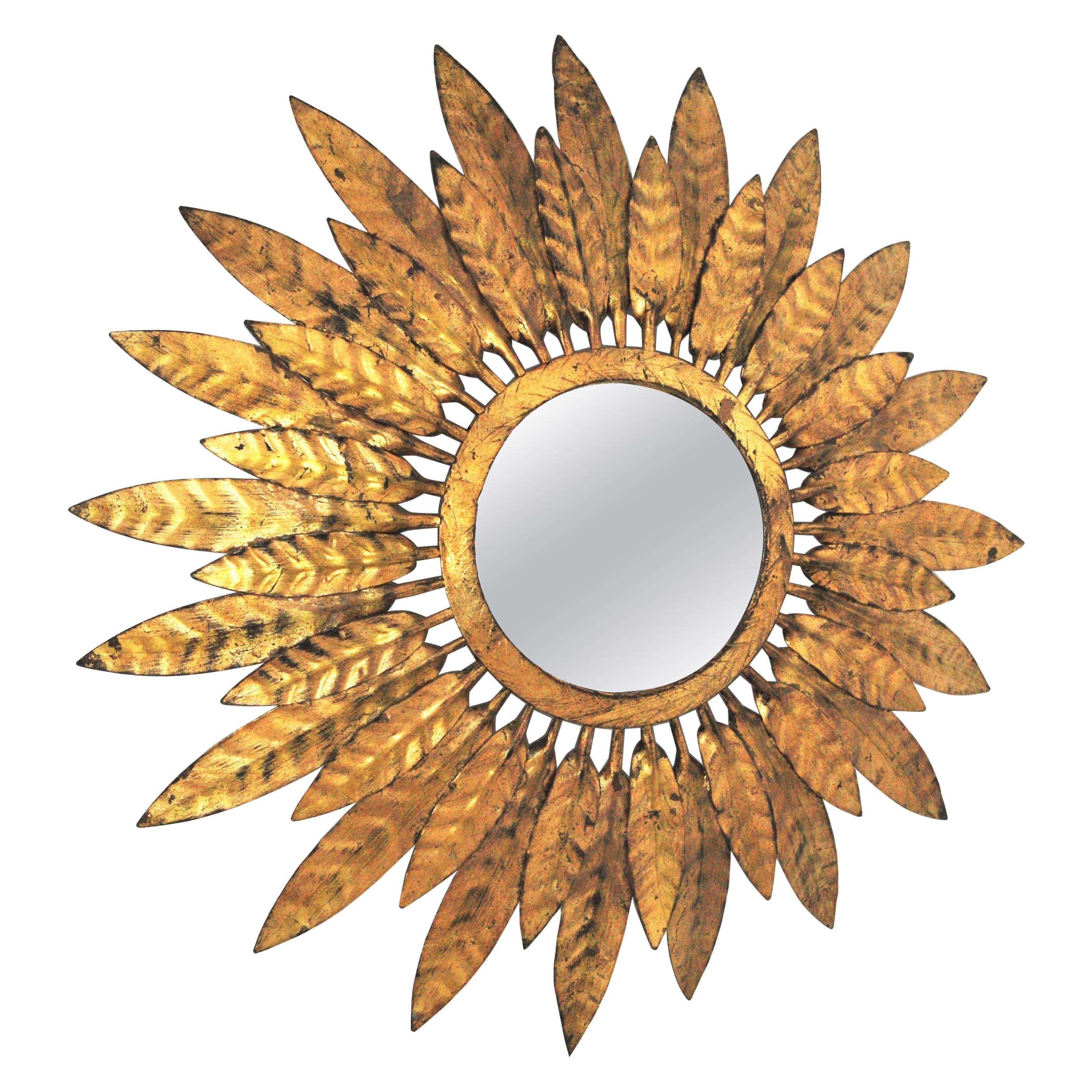 Sunburst Mirror with Leafed Frame, Gilt Iron