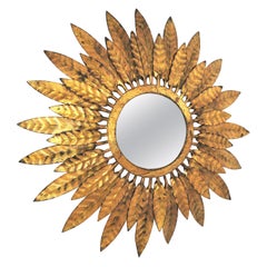 Vintage Sunburst Mirror with Leafed Frame, Gilt Iron