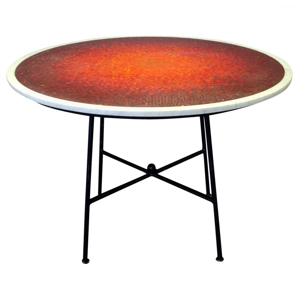 Sunburst Mosaic Dining Table on Wrought Iron Base Attributed to Vladimir Kagen