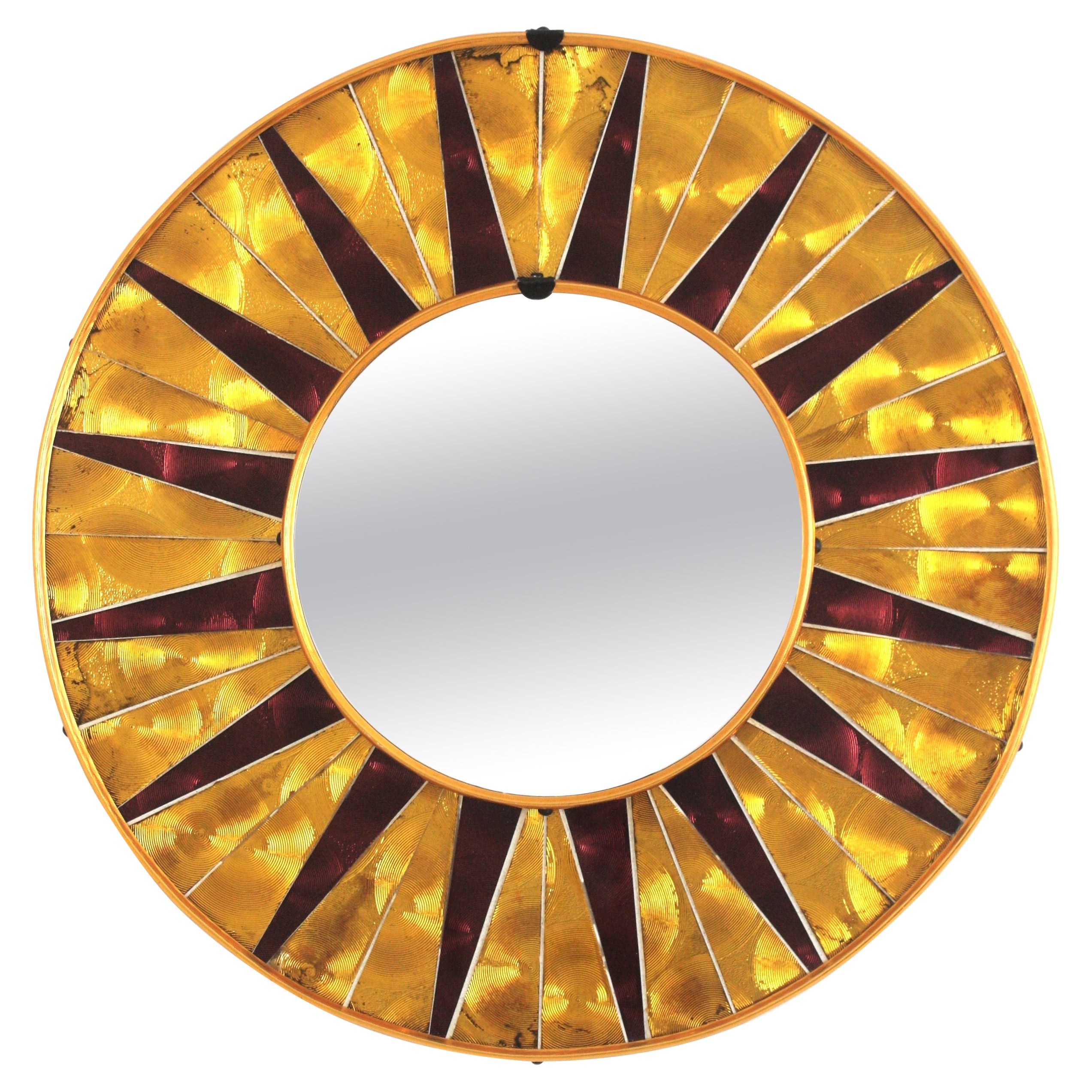 Miroir mural rond en mosaïque Sunburst avec cadre en grenat doré, Espagne 1950