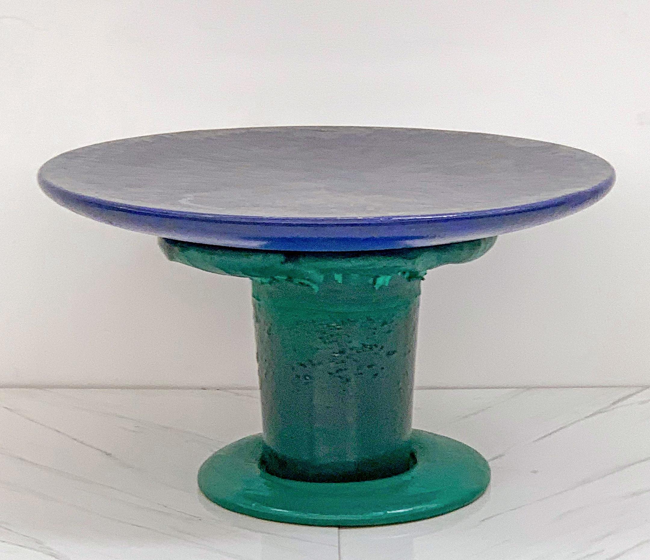 Post-Modern Sunburst Mushroom Table in Green and Blue, Louis Durot, 1990's For Sale
