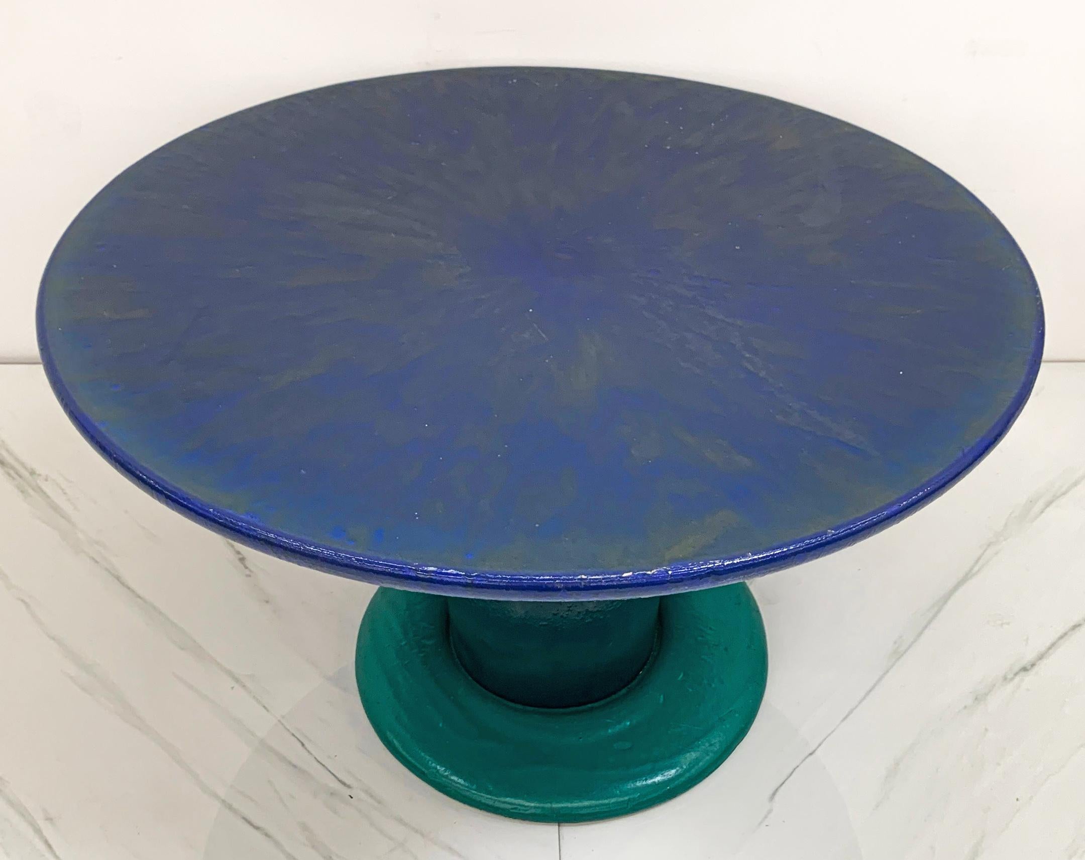 Lacquer Sunburst Mushroom Table in Green and Blue, Louis Durot, 1990's For Sale