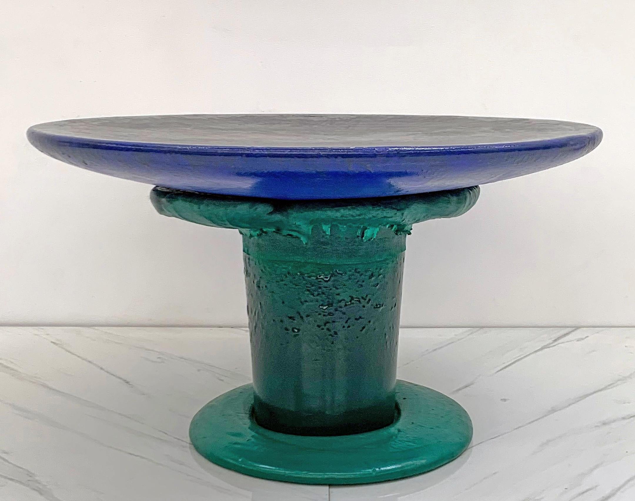 Sunburst Mushroom Table in Green and Blue, Louis Durot, 1990's For Sale 1