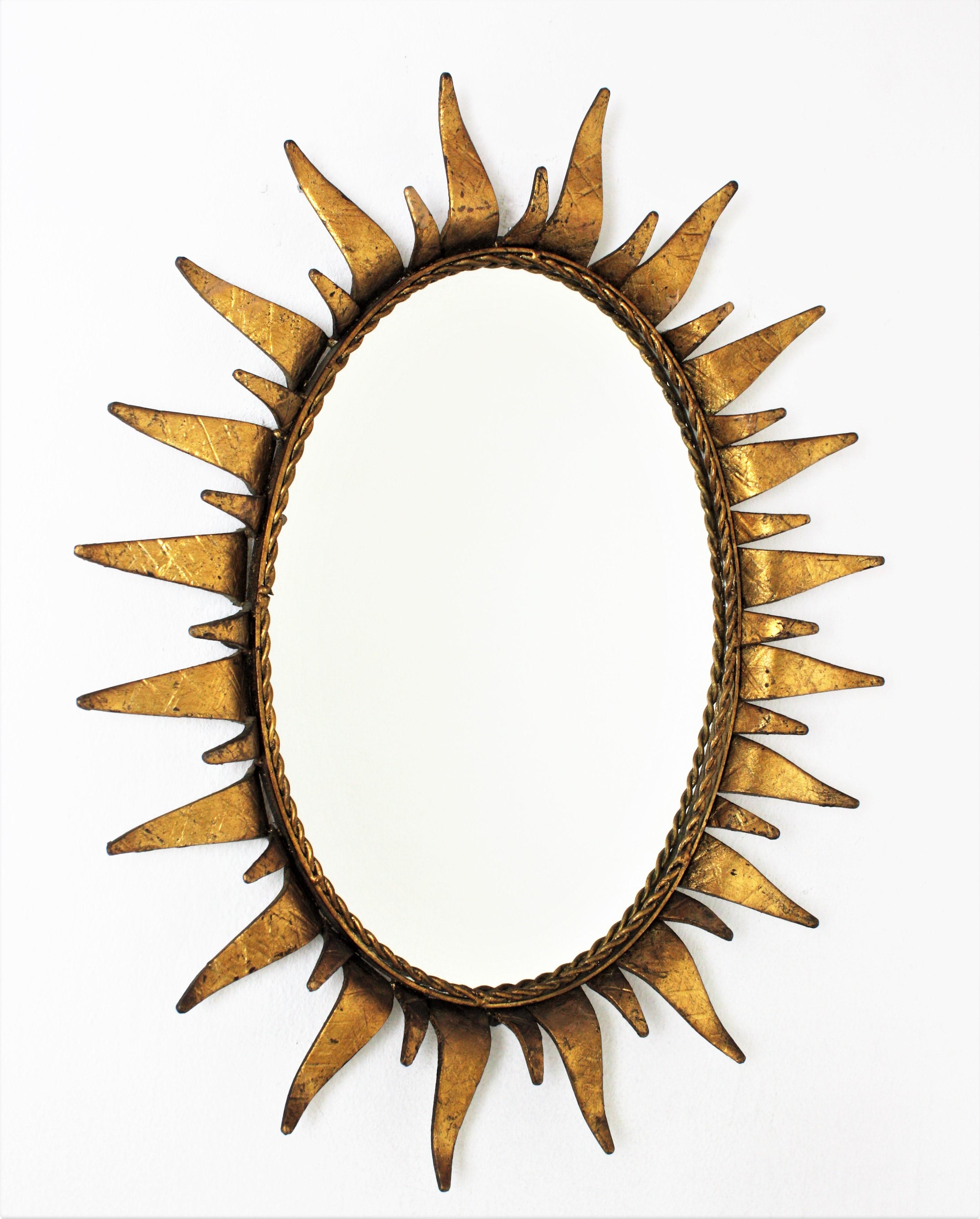 Spanish Sunburst Oval Mirror in Gilt Iron