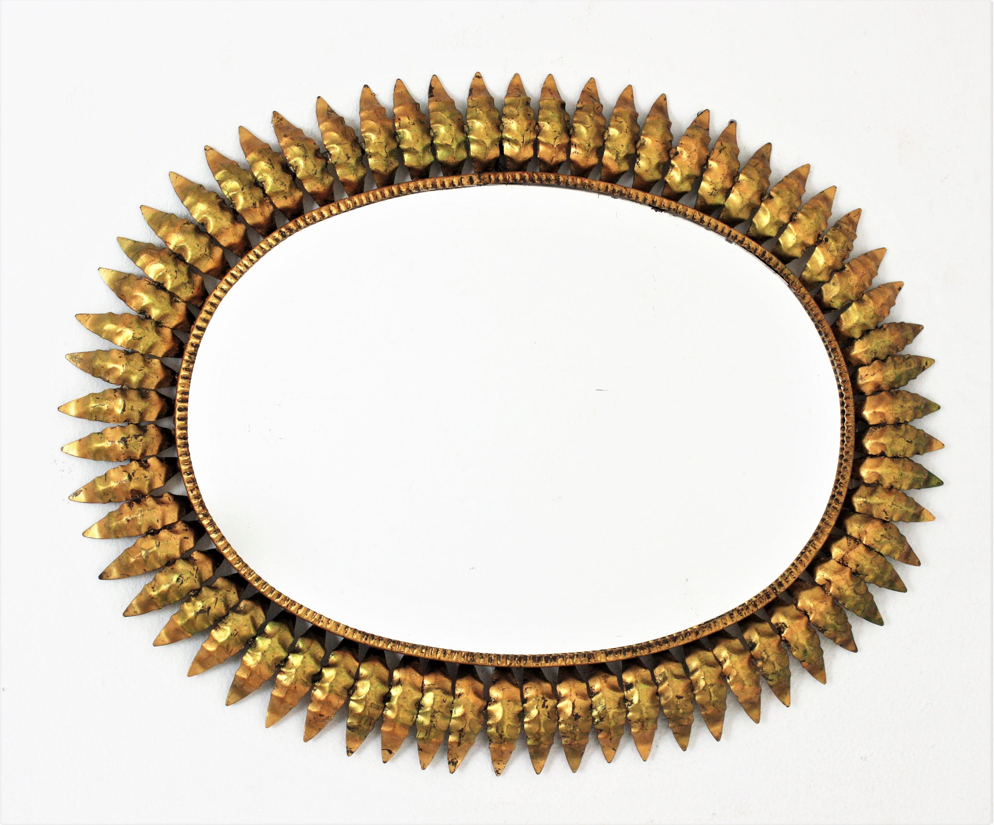 Spanish Sunburst Oval Mirror in Gilt Iron, 1950s For Sale 7