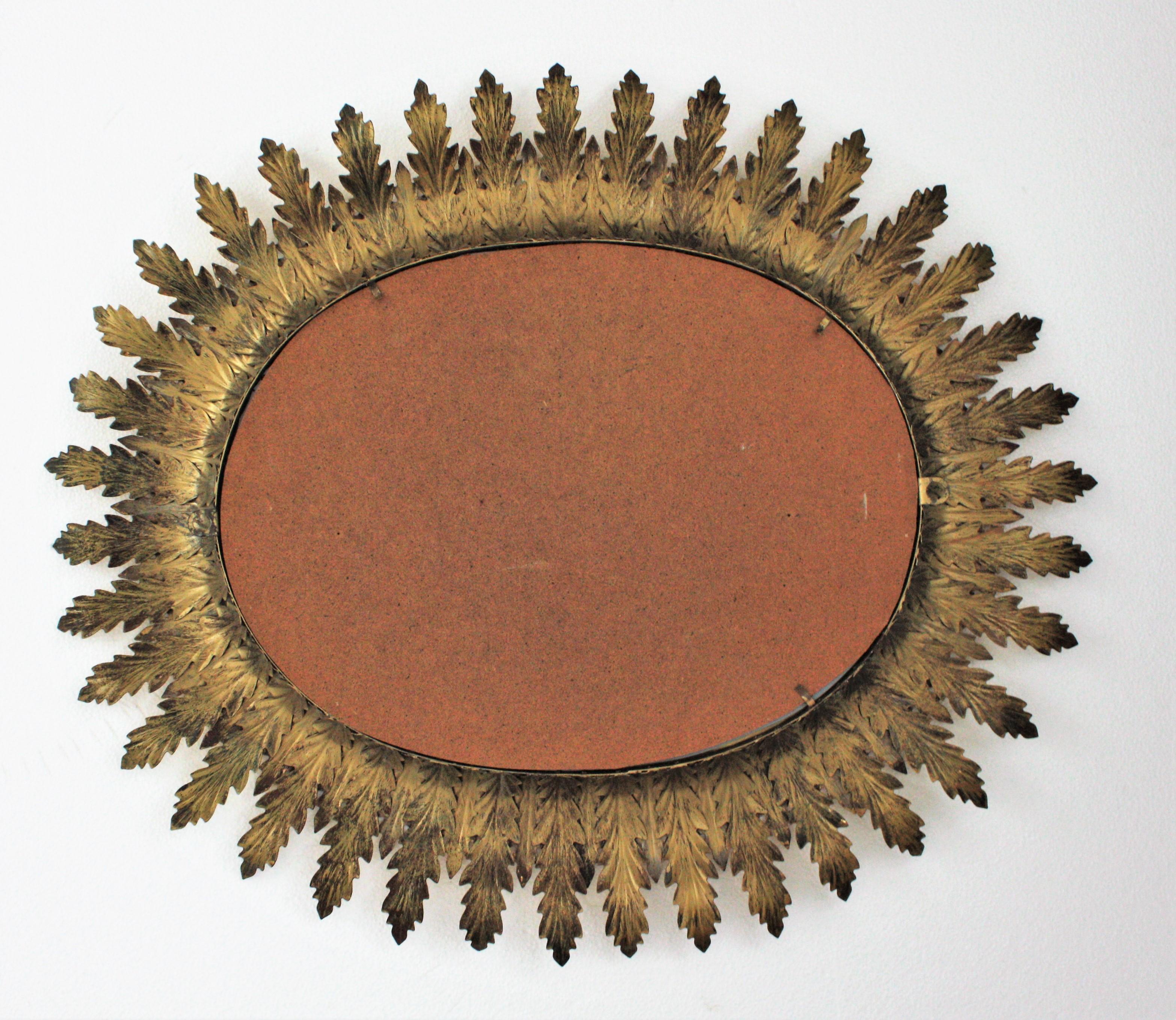 Sunburst Oval Mirror in Gilt Metal, 1950s For Sale 4