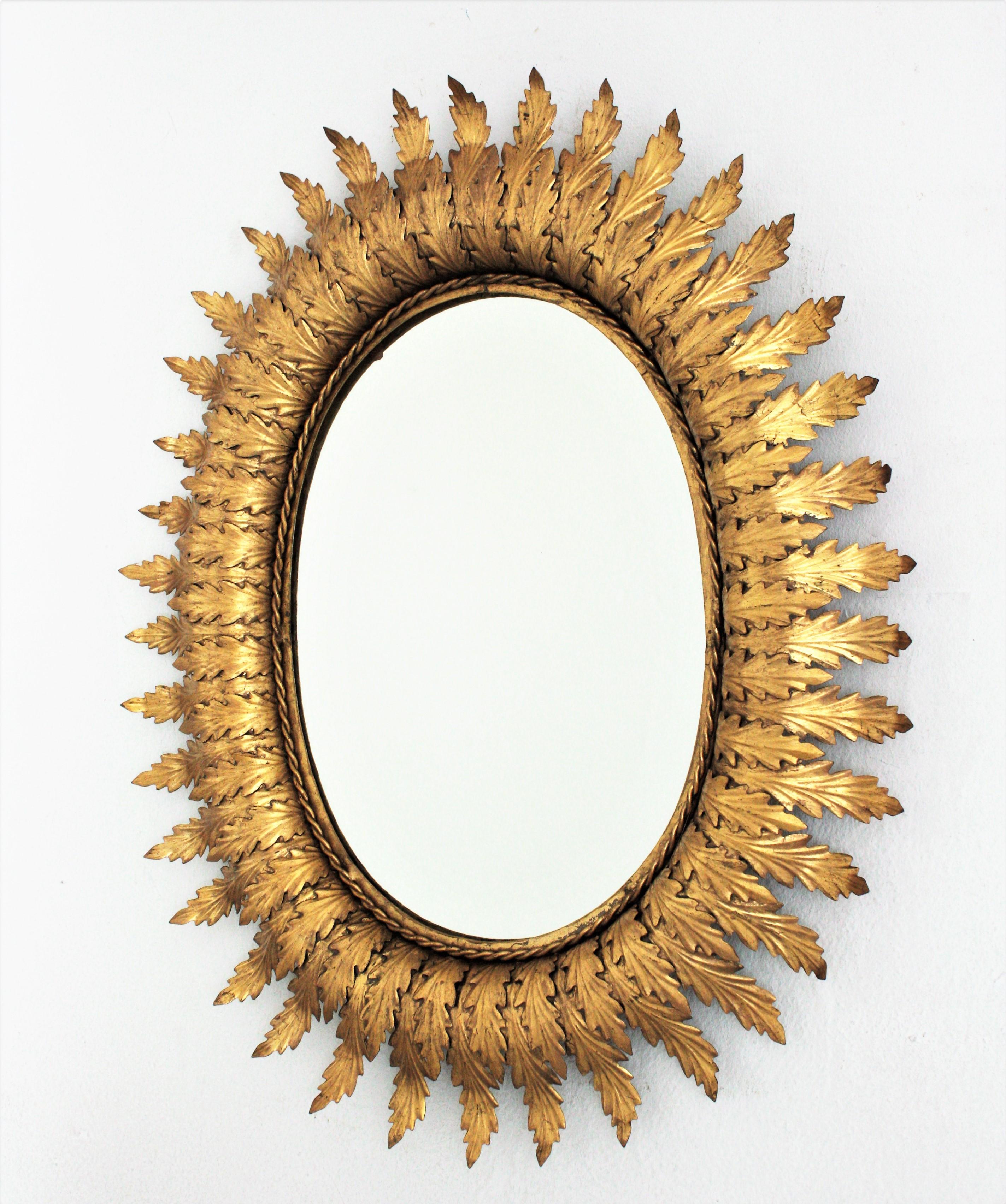 Sunburst Oval Mirror in Gilt Metal, 1950s For Sale 1