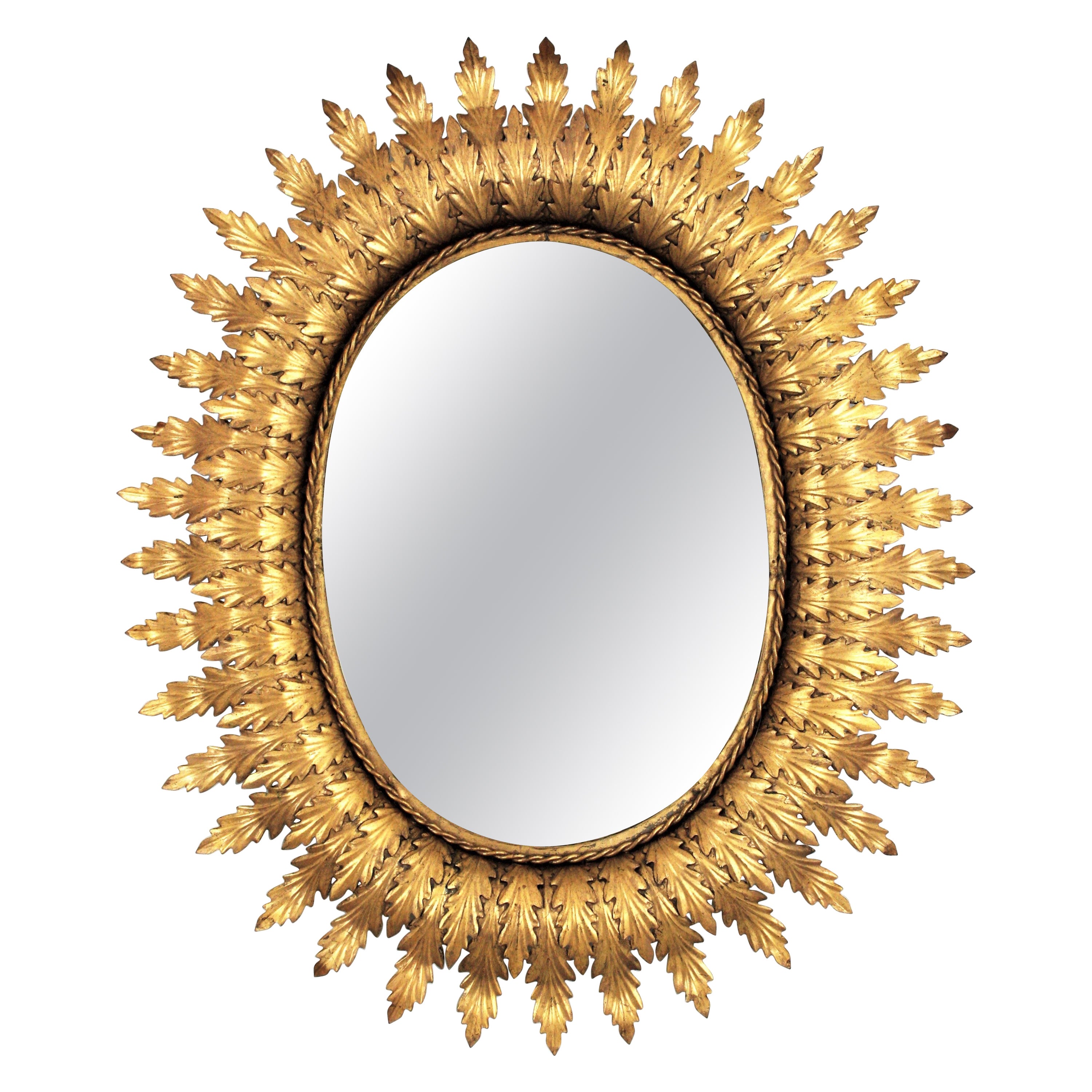 Sunburst Oval Mirror in Gilt Metal, 1950s
