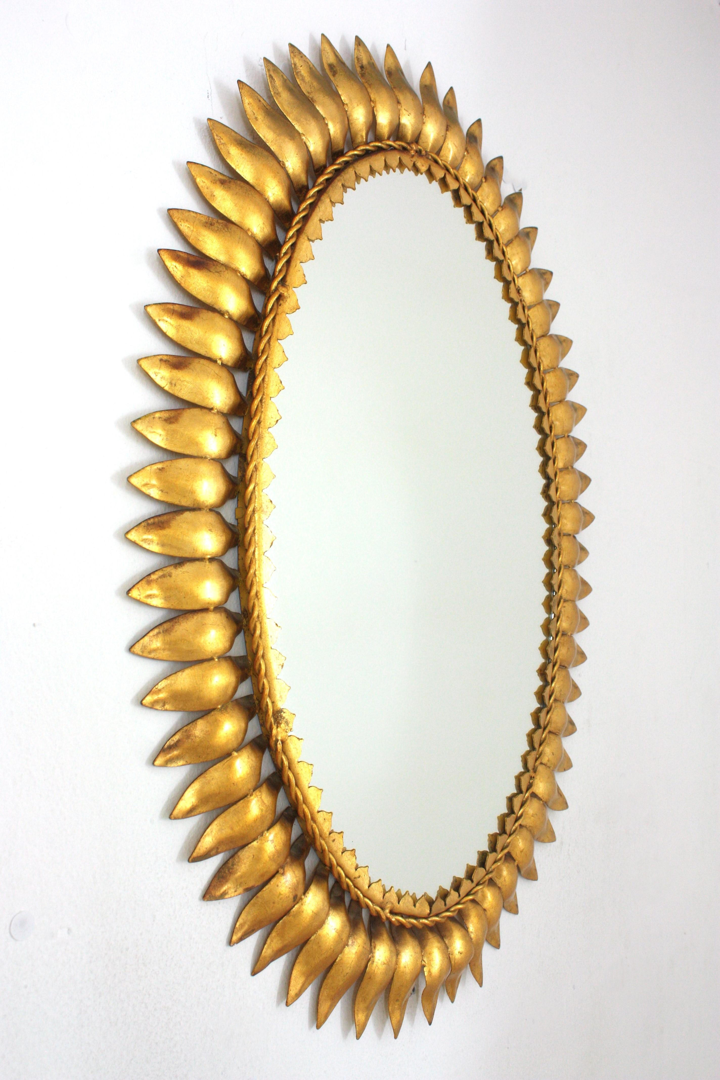 Hand-Crafted Sunburst Oval Mirror in Gilt Metal, Spain, 1950s