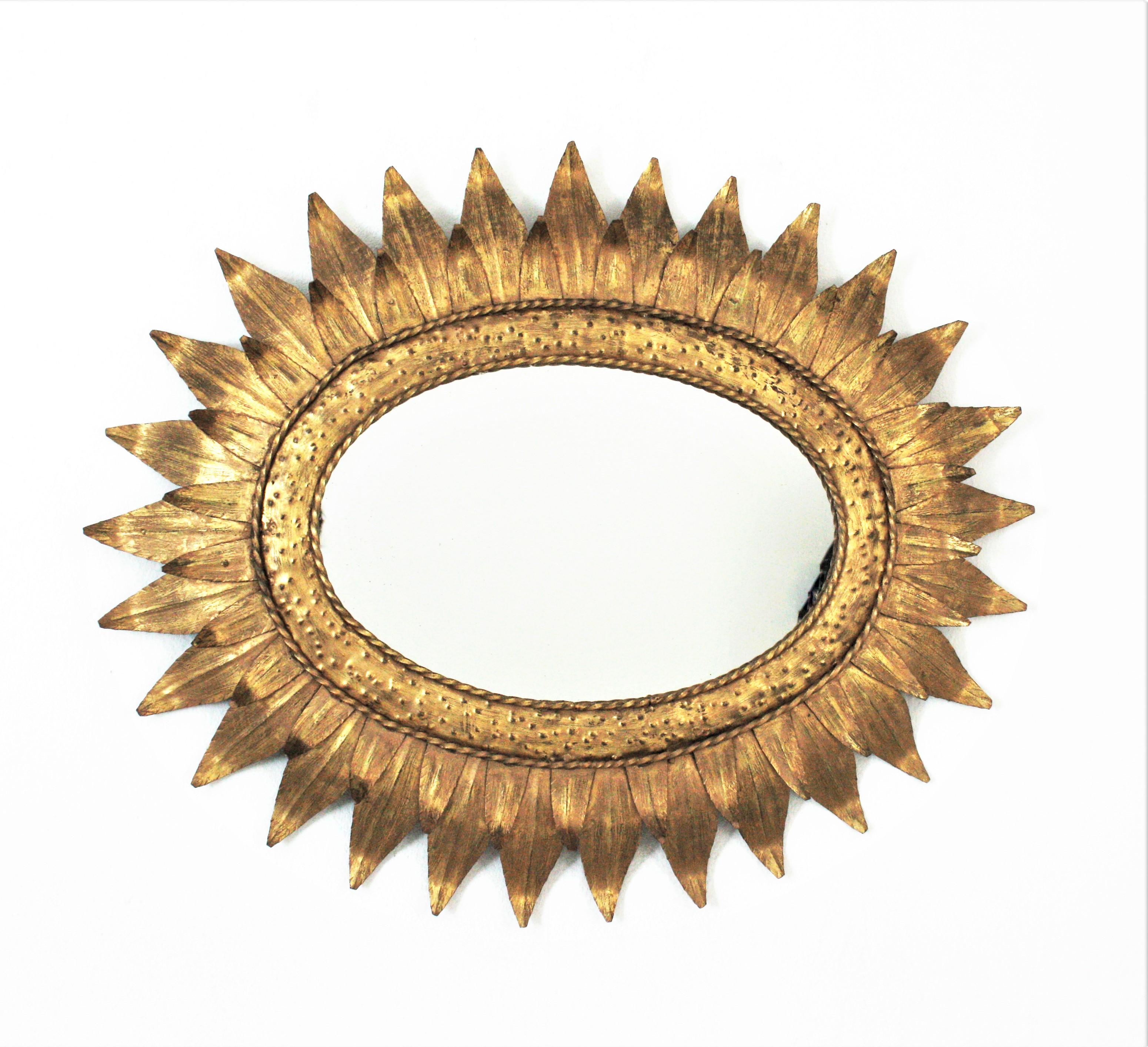 Sunburst Oval Mirror in Gilt Metal with Double Leafed Frame, France, 1950s  3