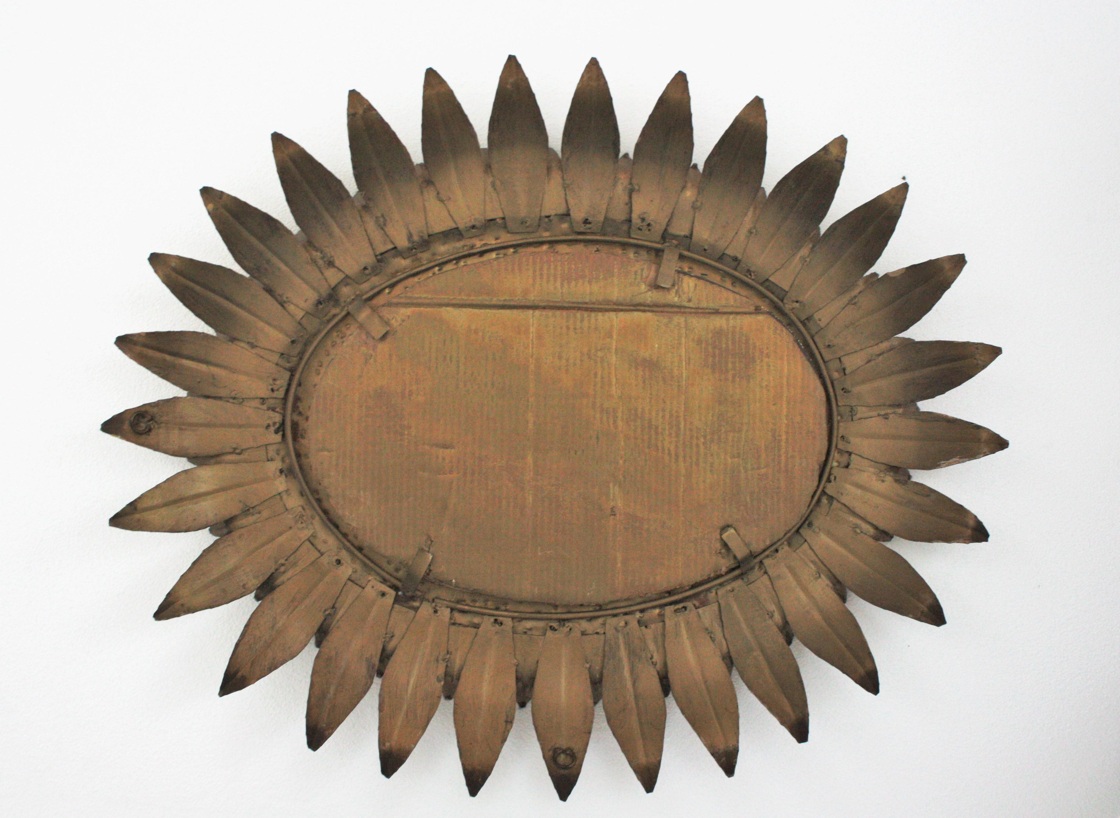 Sunburst Oval Mirror in Gilt Metal with Double Leafed Frame, France, 1950s  4