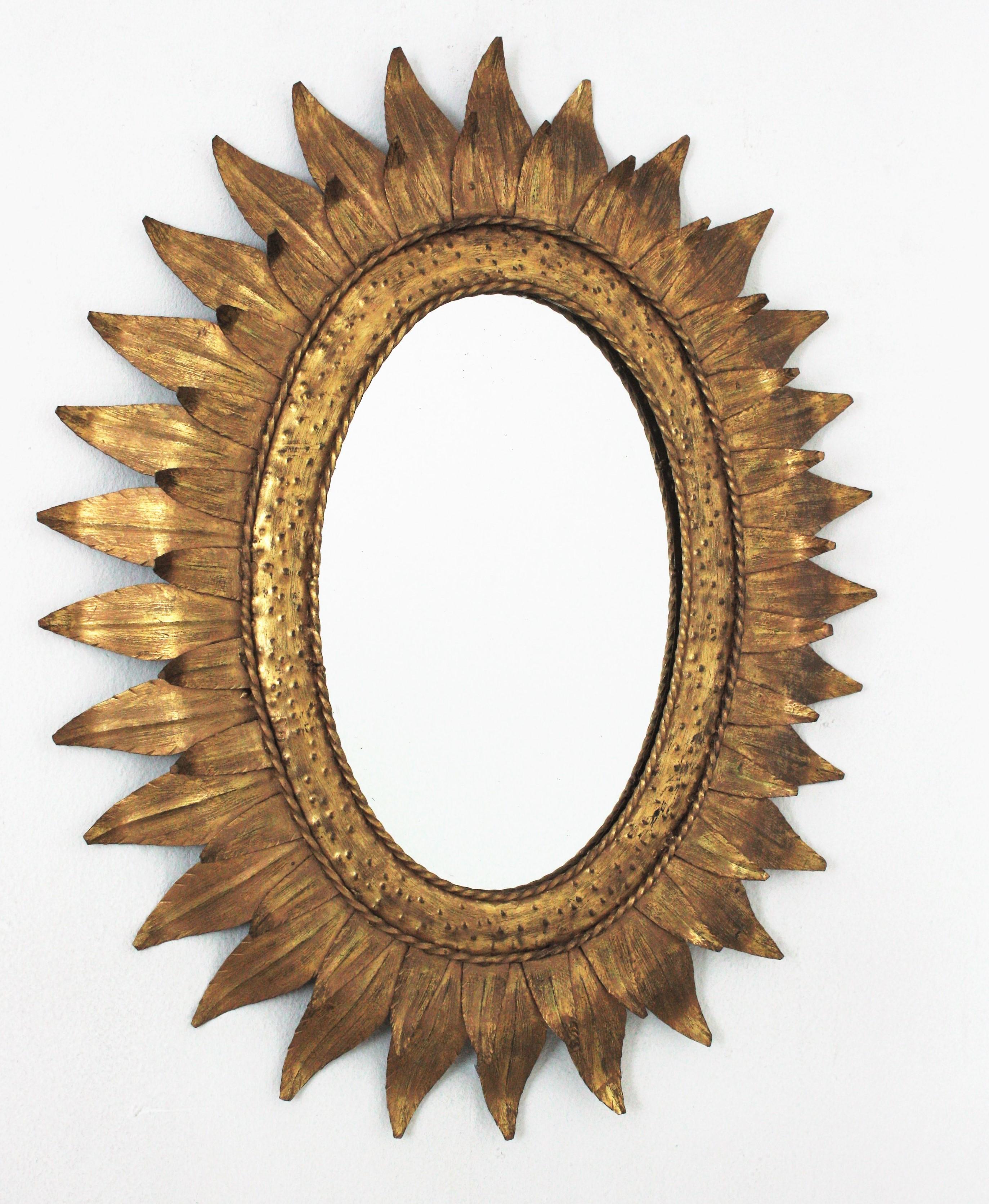 Mid-Century Modern Sunburst Oval Mirror in Gilt Metal with Double Leafed Frame, France, 1950s 