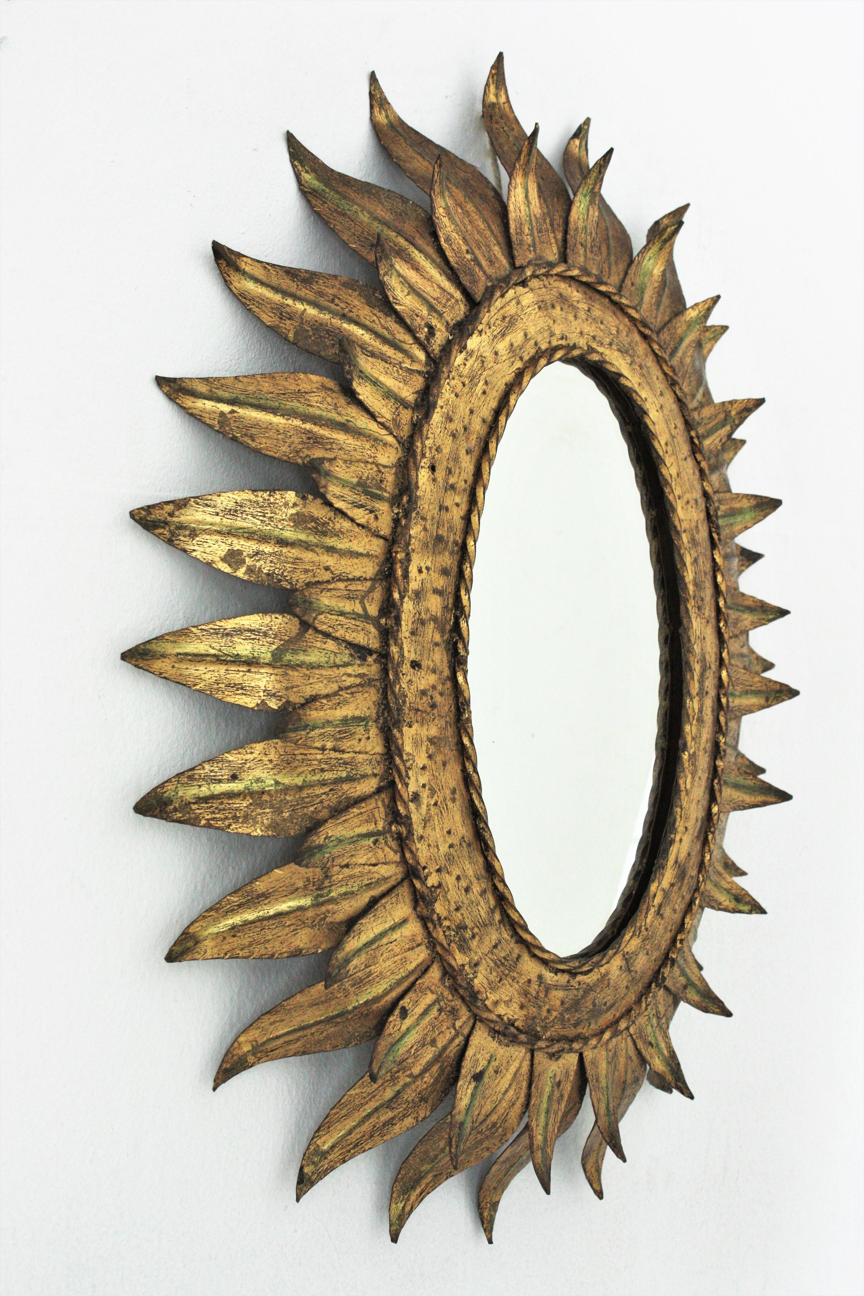 Sunburst Oval Mirror in Gilt Metal with Double Leafed Frame, France, 1950s 1