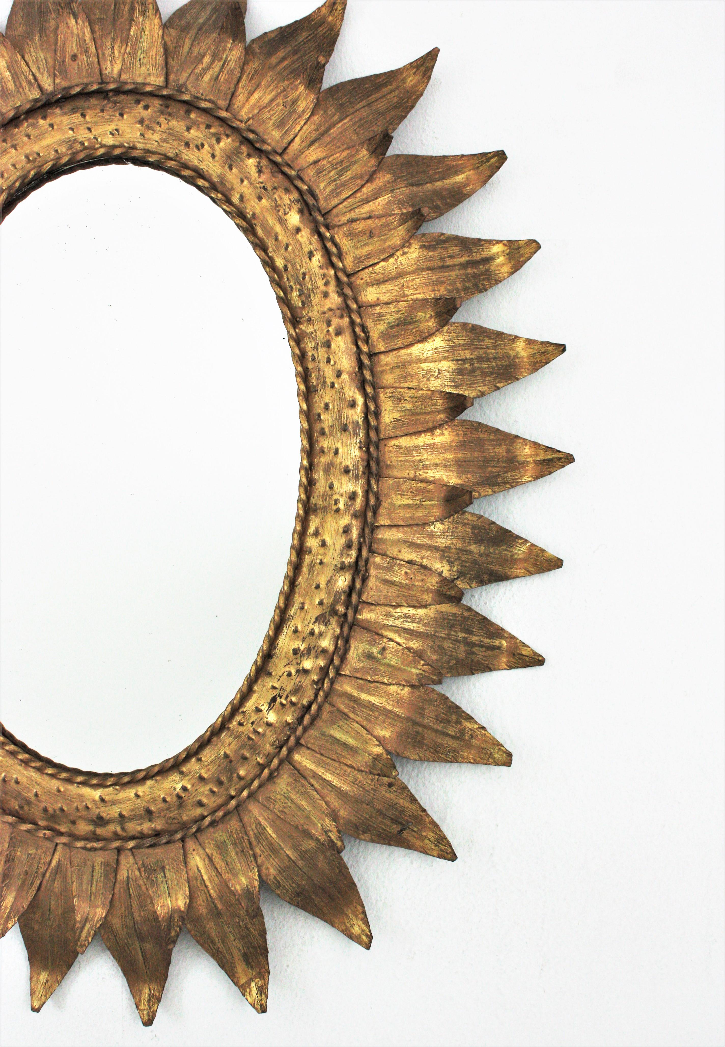 Sunburst Oval Mirror in Gilt Metal with Double Leafed Frame, France, 1950s  1