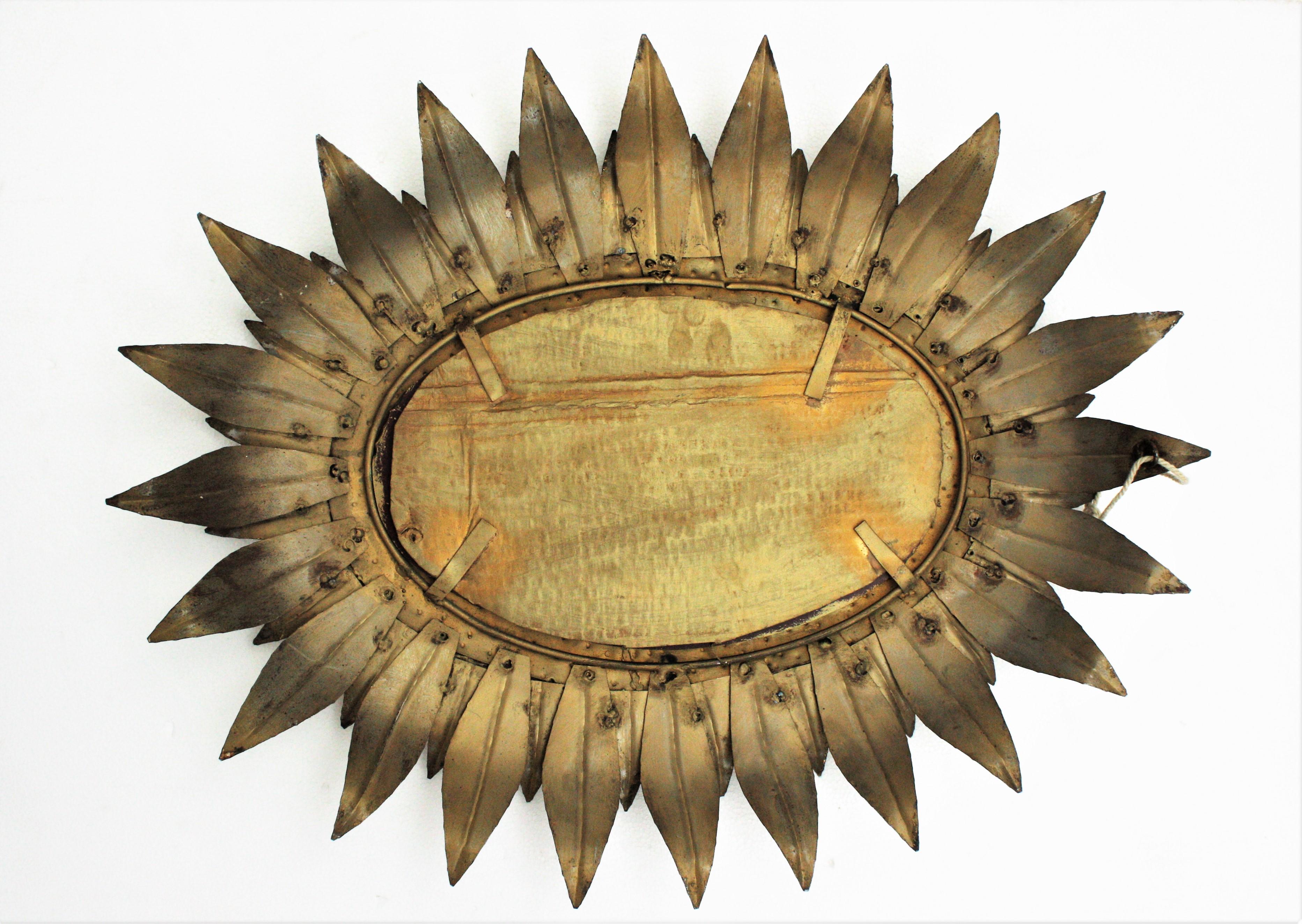 Sunburst Oval Mirror in Gilt Metal with Double Leafed Frame, France, 1950s 3
