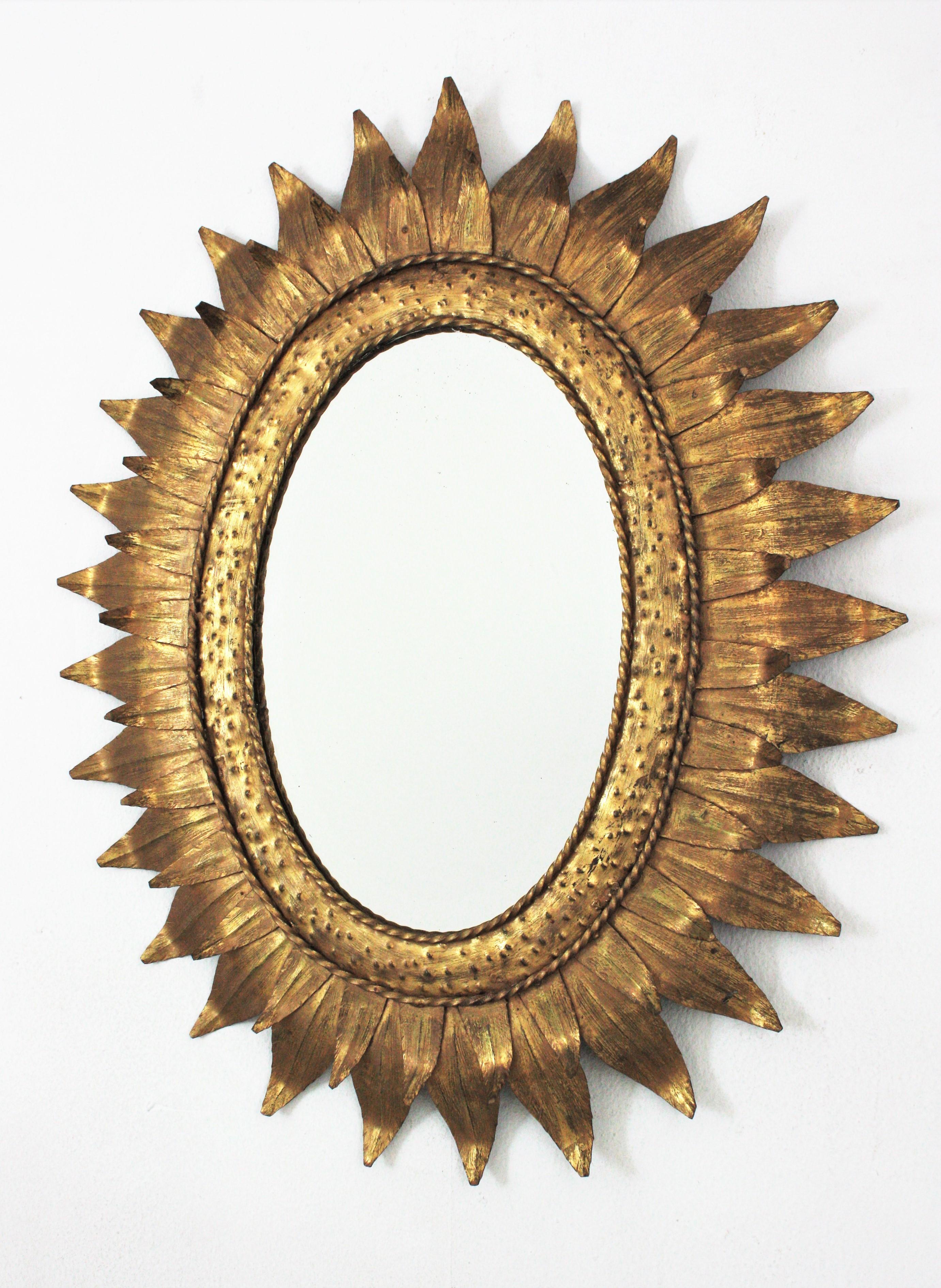 Sunburst Oval Mirror in Gilt Metal with Double Leafed Frame, France, 1950s  2