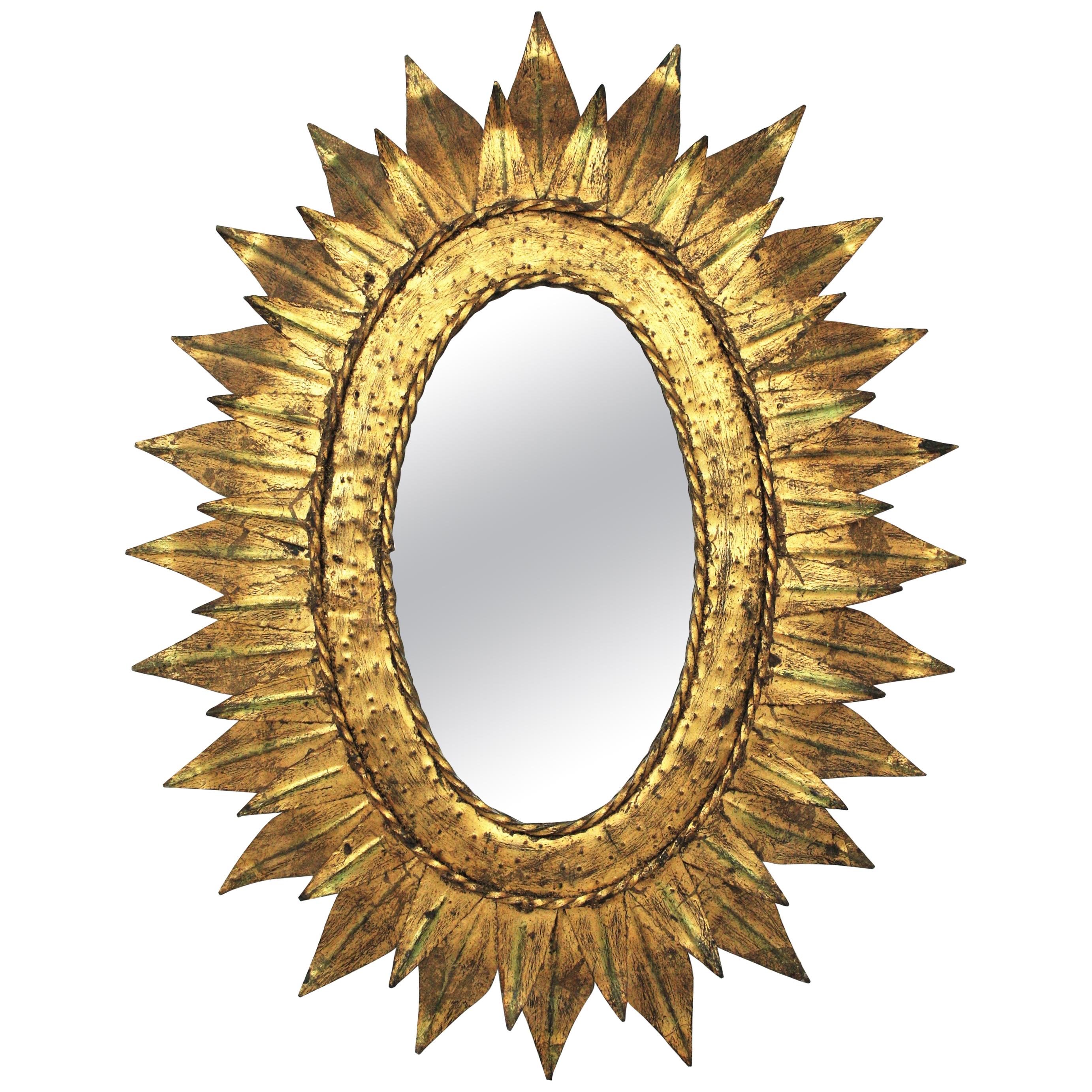 Sunburst Oval Mirror in Gilt Metal with Double Leafed Frame, France, 1950s