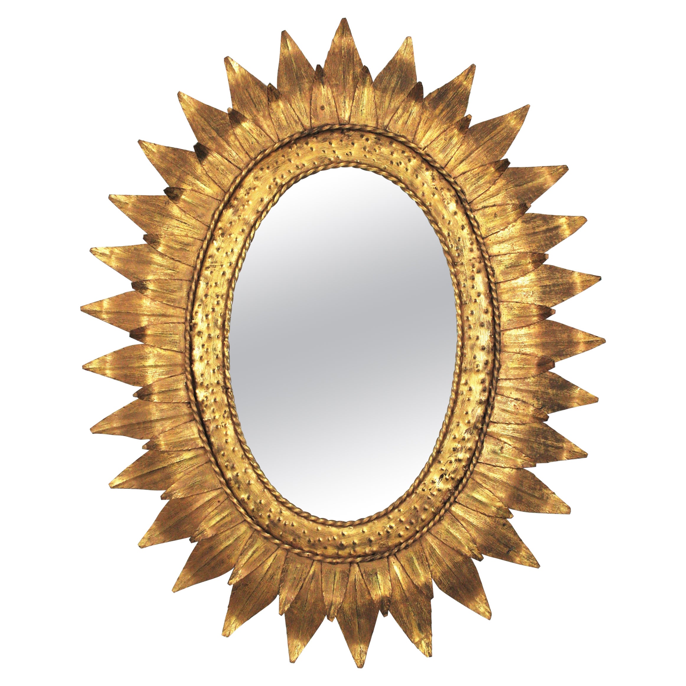 Sunburst Oval Mirror in Gilt Metal with Double Leafed Frame, France, 1950s