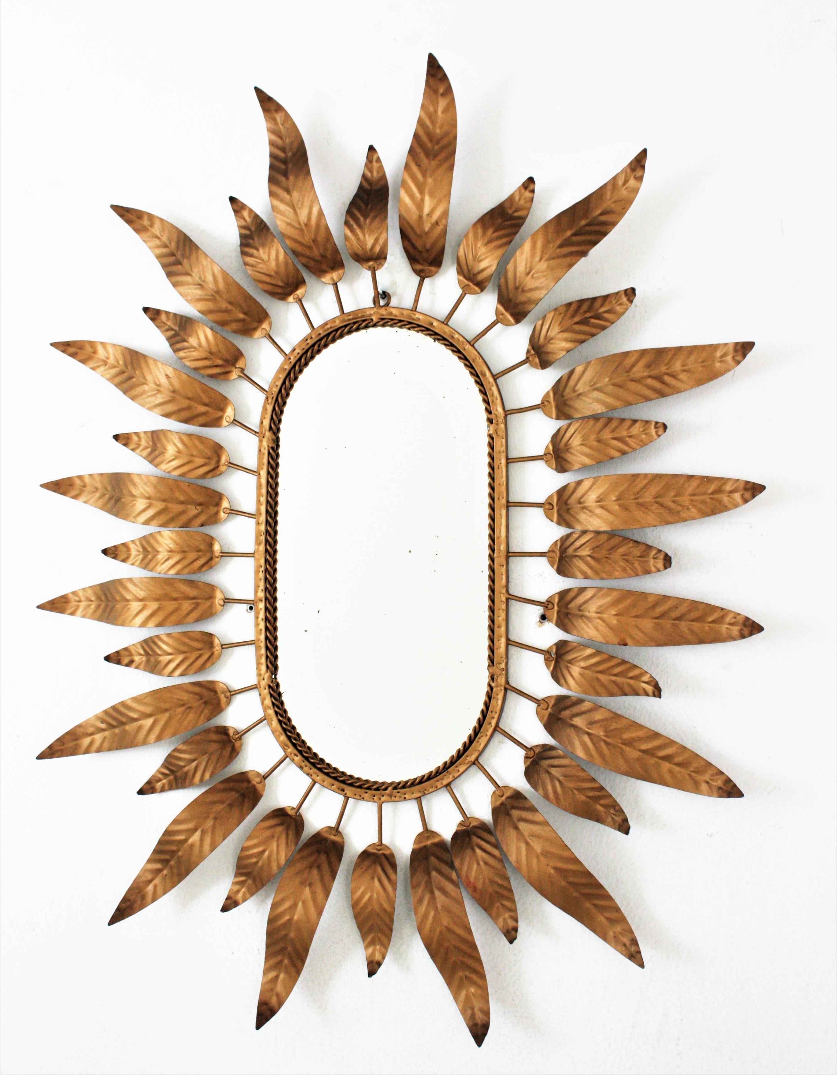 Sunburst Oval Mirror in Gilt Metal with Foliage Frame 4