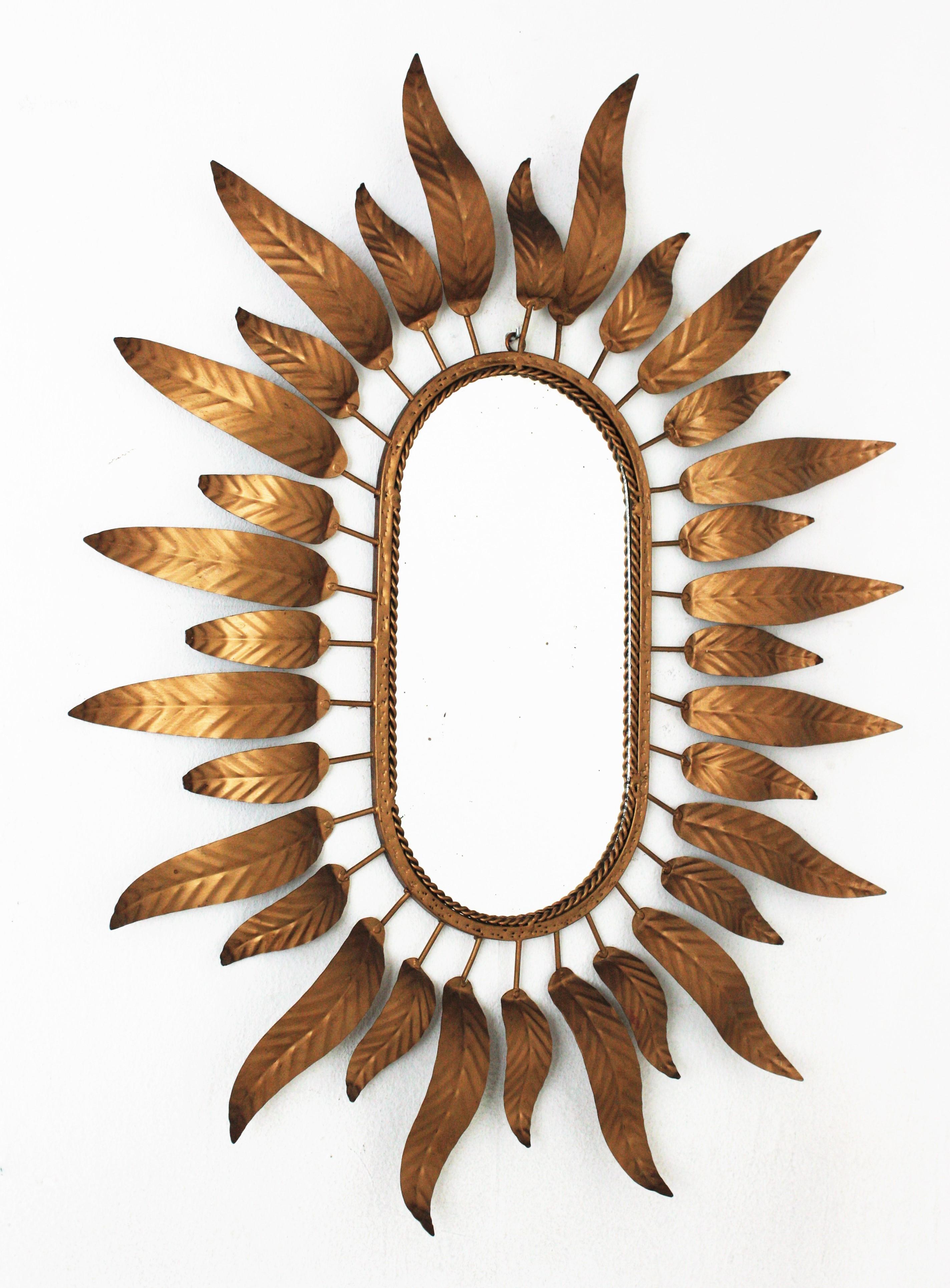 Mid-Century Modern Sunburst Oval Mirror in Gilt Metal with Foliage Frame