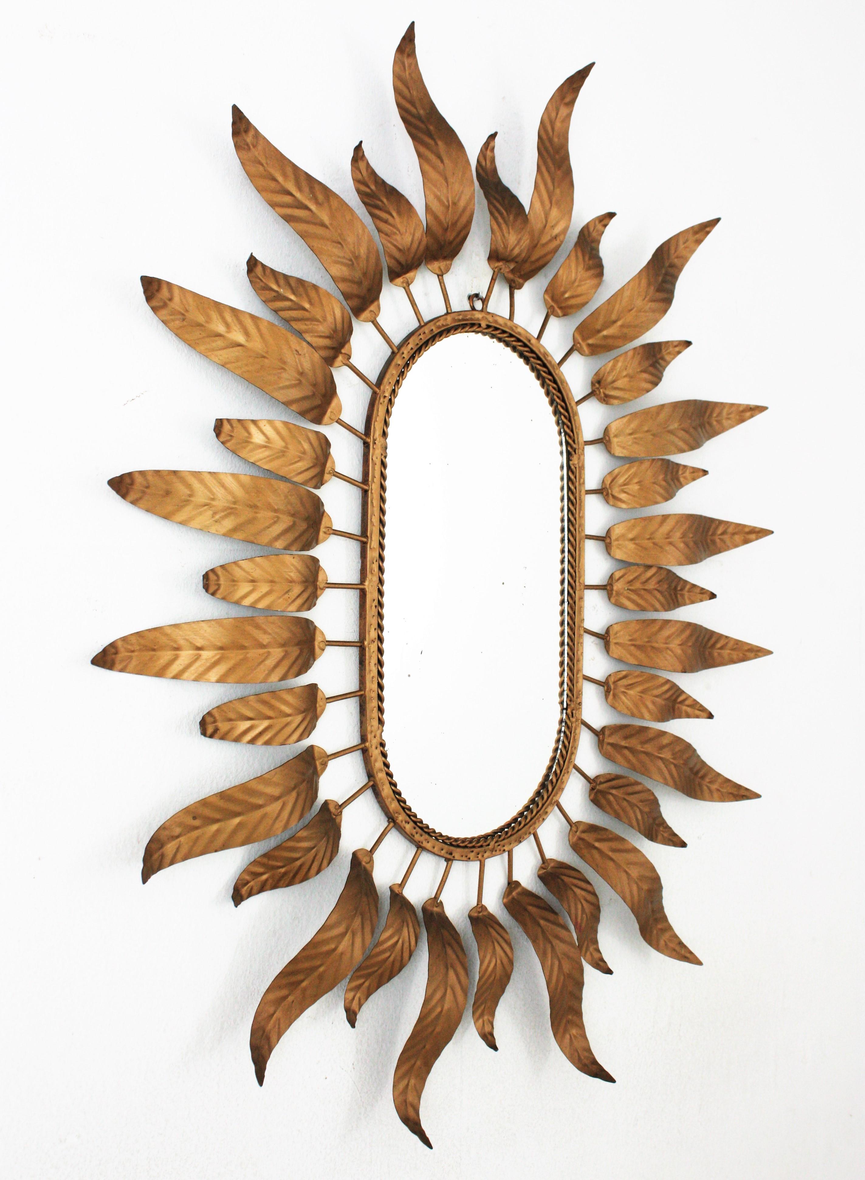 Spanish Sunburst Oval Mirror in Gilt Metal with Foliage Frame