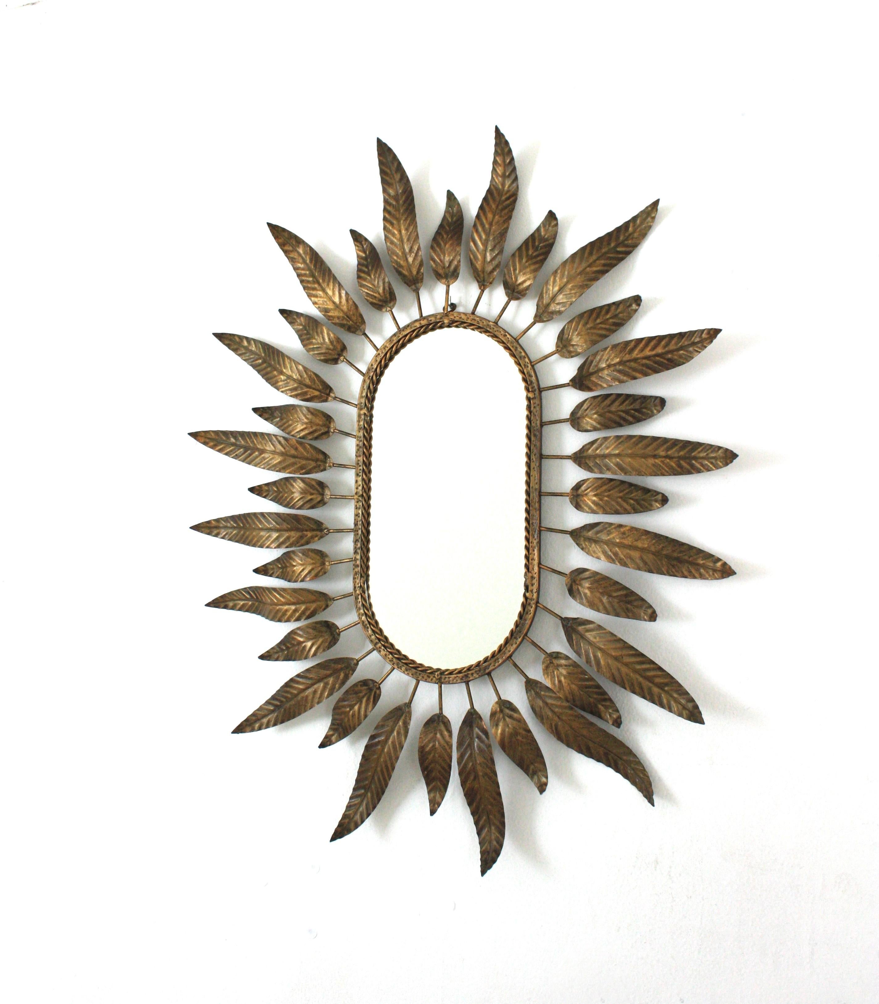 20th Century Sunburst Oval Mirror in Gilt Metal with Foliage Frame For Sale