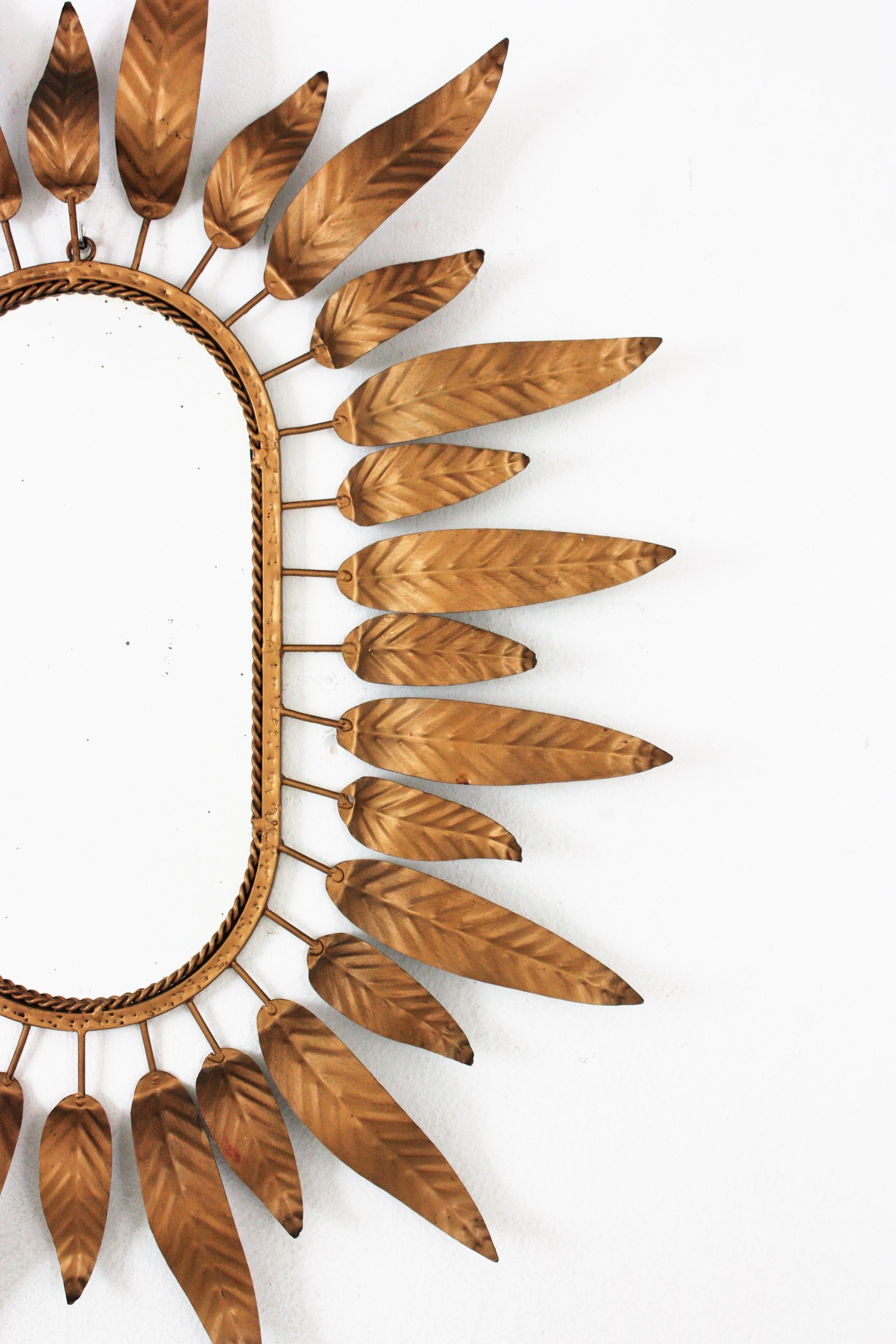 Sunburst Oval Mirror in Gilt Metal with Foliage Frame 2