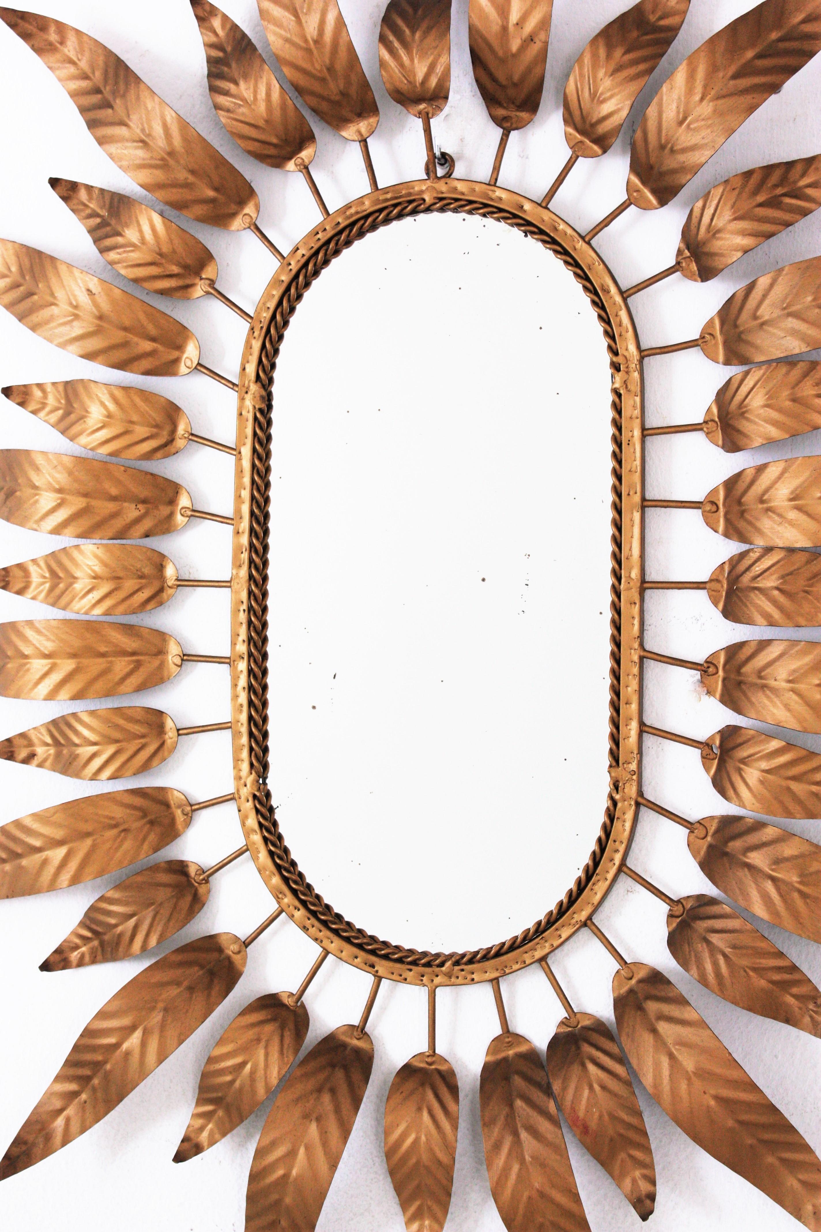 Sunburst Oval Mirror in Gilt Metal with Foliage Frame 3