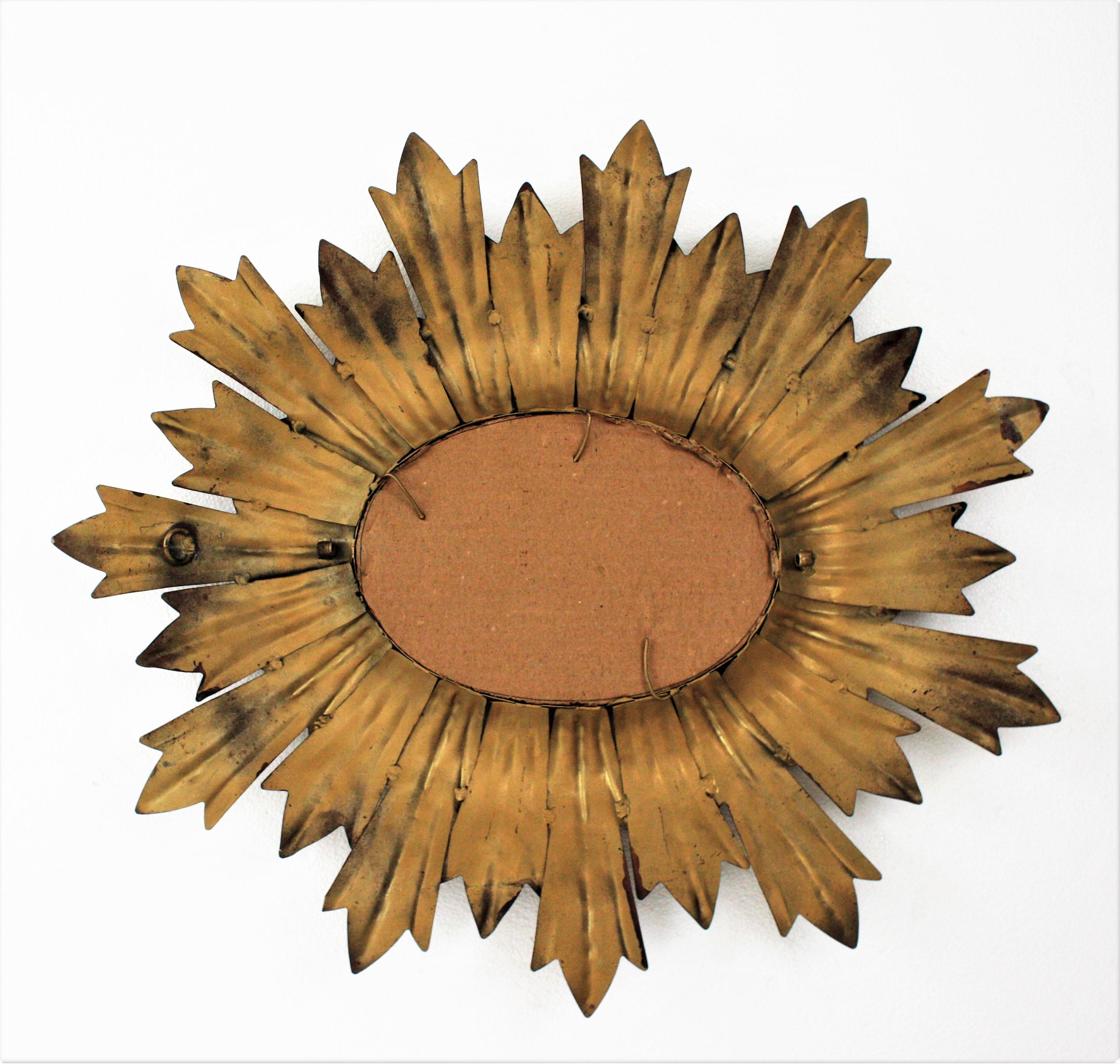 Sunburst Oval Mirror in Gilt Metal with Leafed Frame, France, 1960s For Sale 4