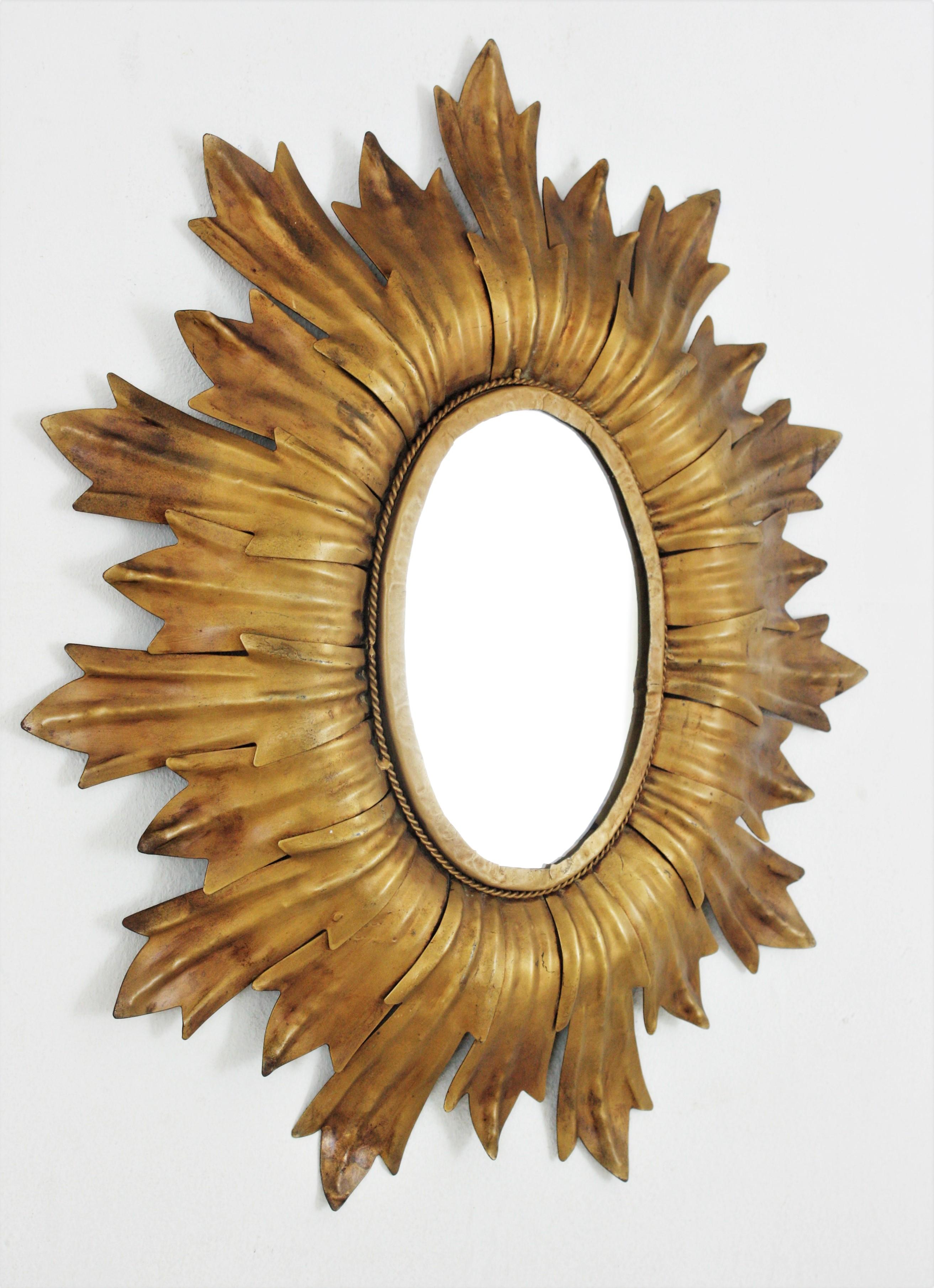 Mid-Century Modern Sunburst Oval Mirror in Gilt Metal with Leafed Frame, France, 1960s For Sale