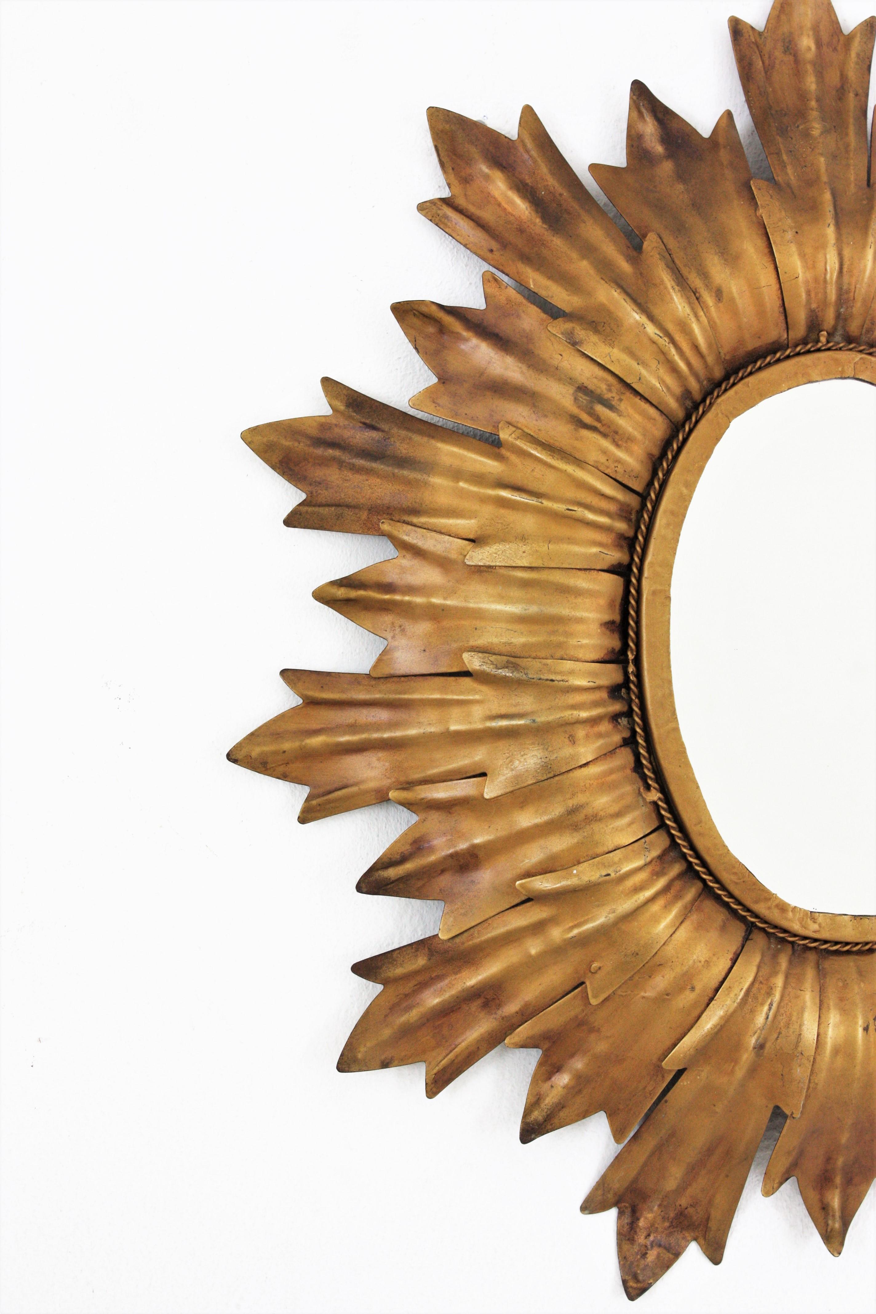 20th Century Sunburst Oval Mirror in Gilt Metal with Leafed Frame, France, 1960s For Sale