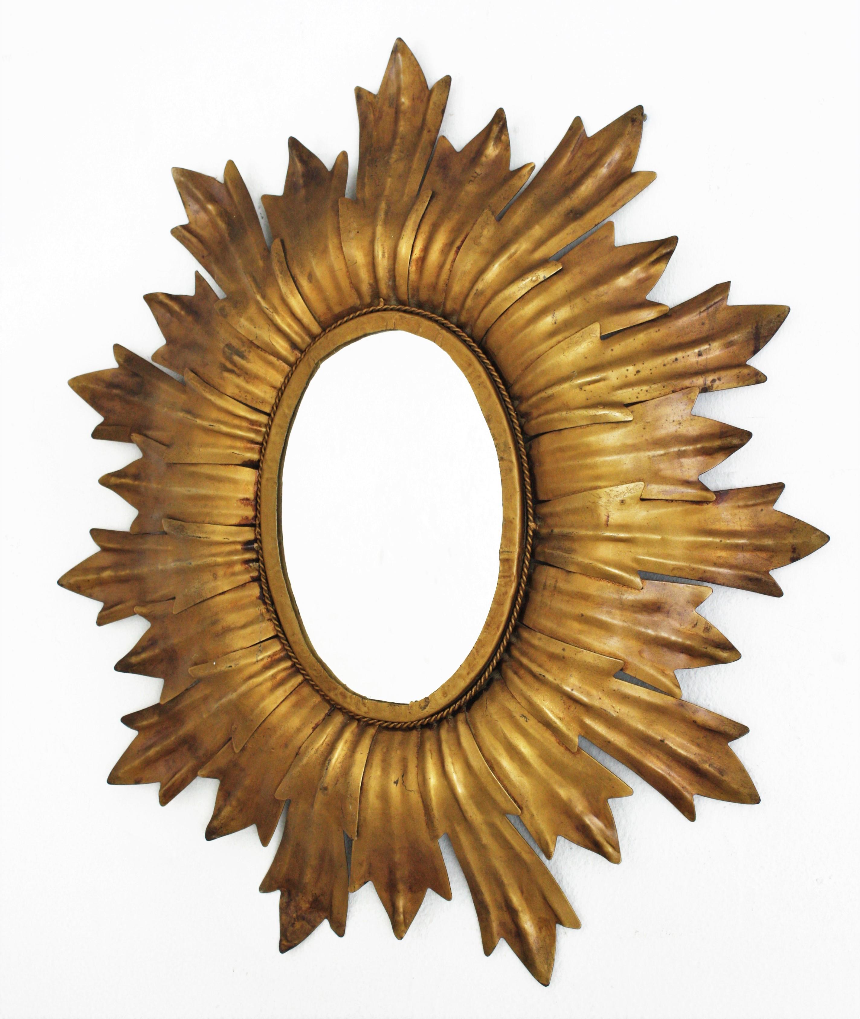 Sunburst Oval Mirror in Gilt Metal with Leafed Frame, France, 1960s For Sale 2