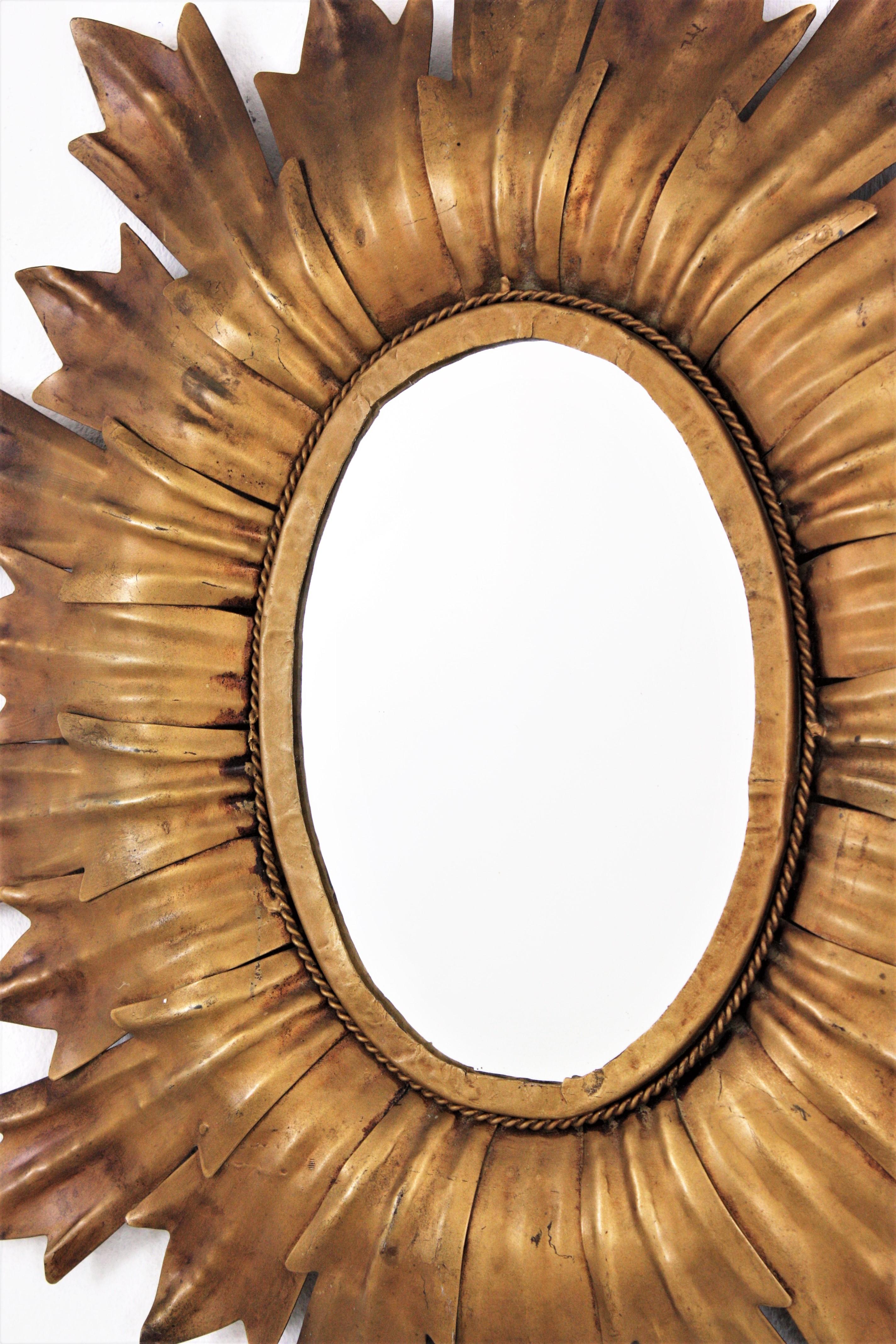 Sunburst Oval Mirror in Gilt Metal with Leafed Frame, France, 1960s For Sale 3