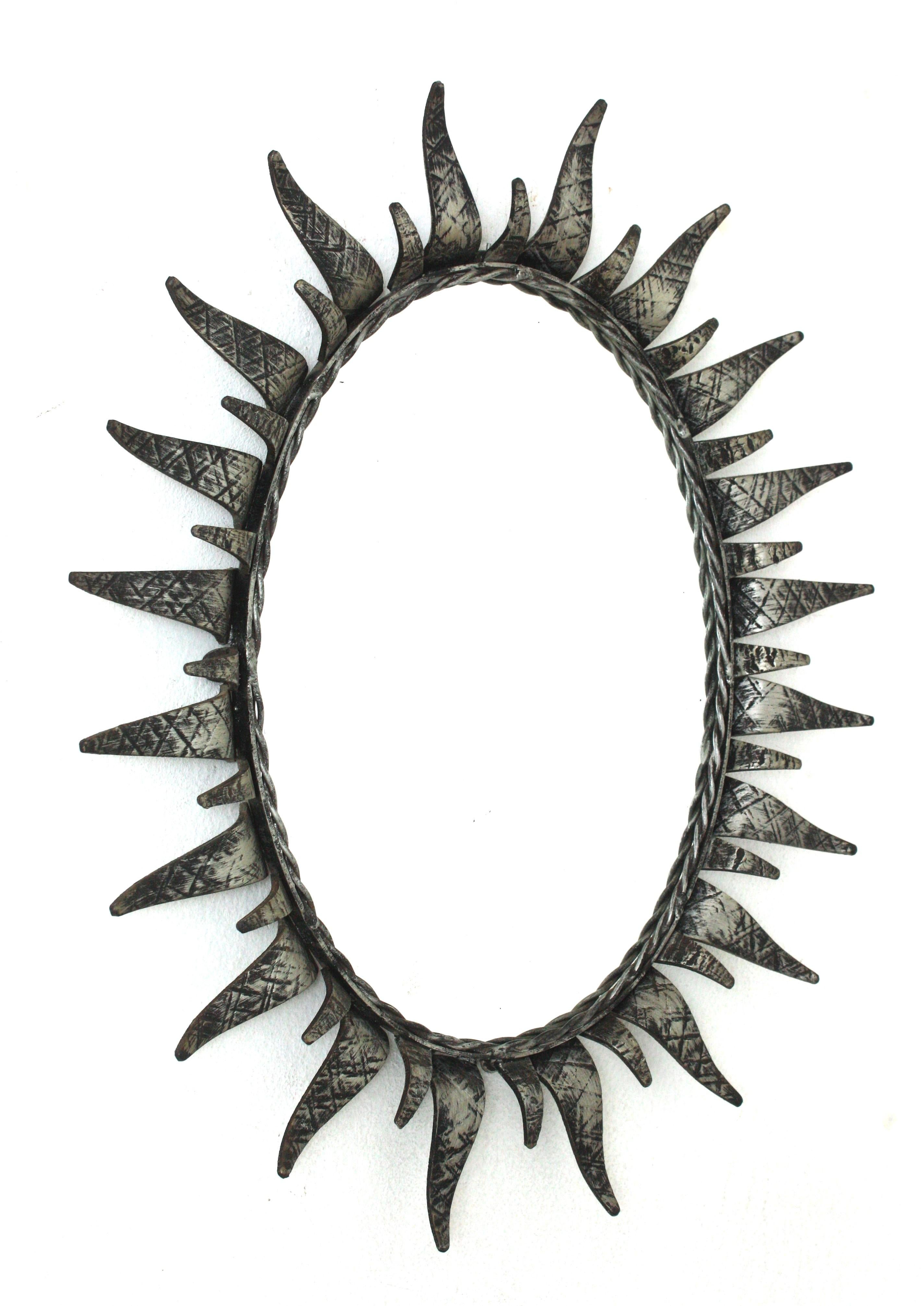 Sunburst Oval Mirror in Silver Patinated Iron For Sale 4