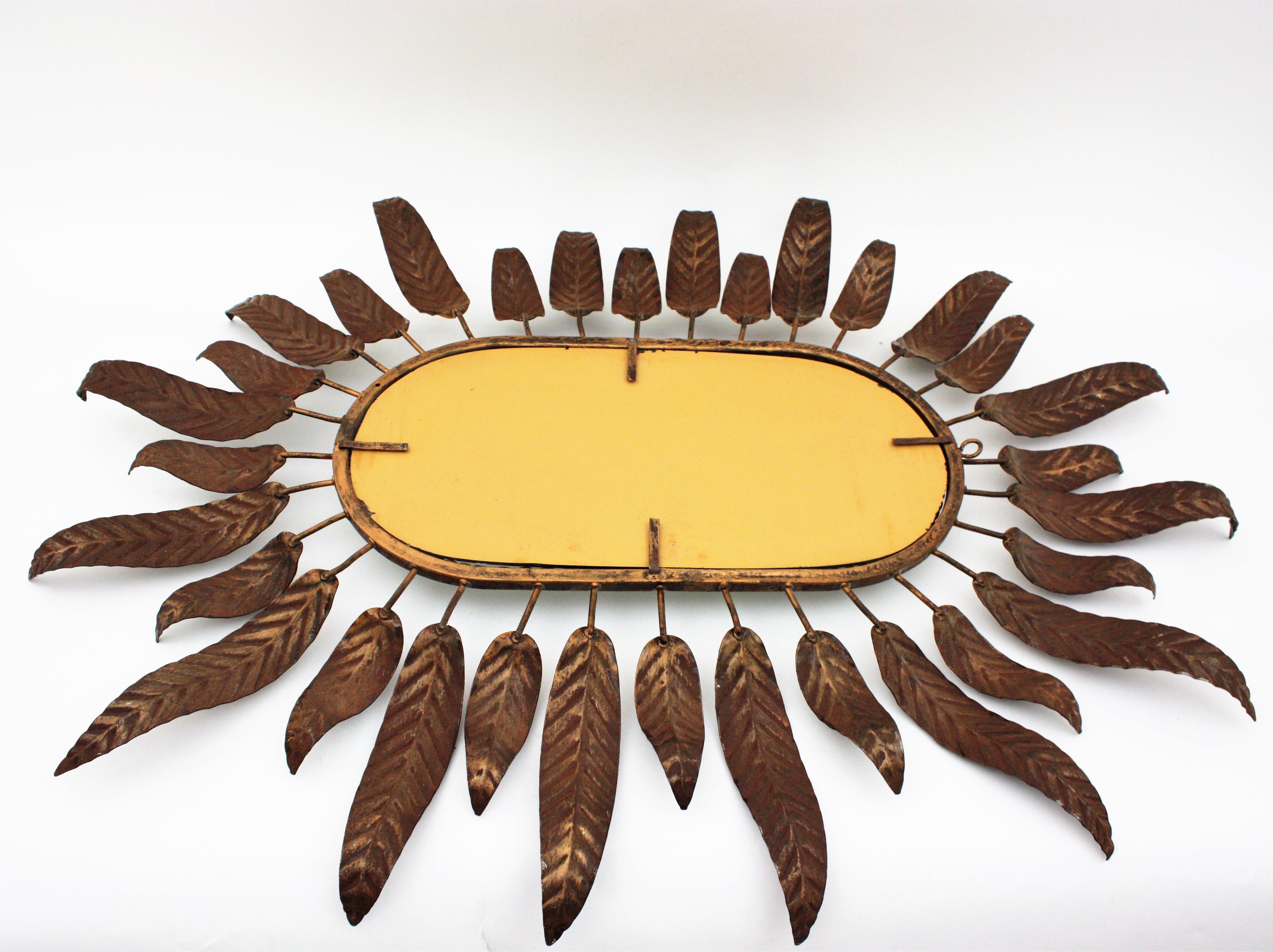 Sunburst Oval Mirror with Leafed Frame in Bronze Gilt Metal 2