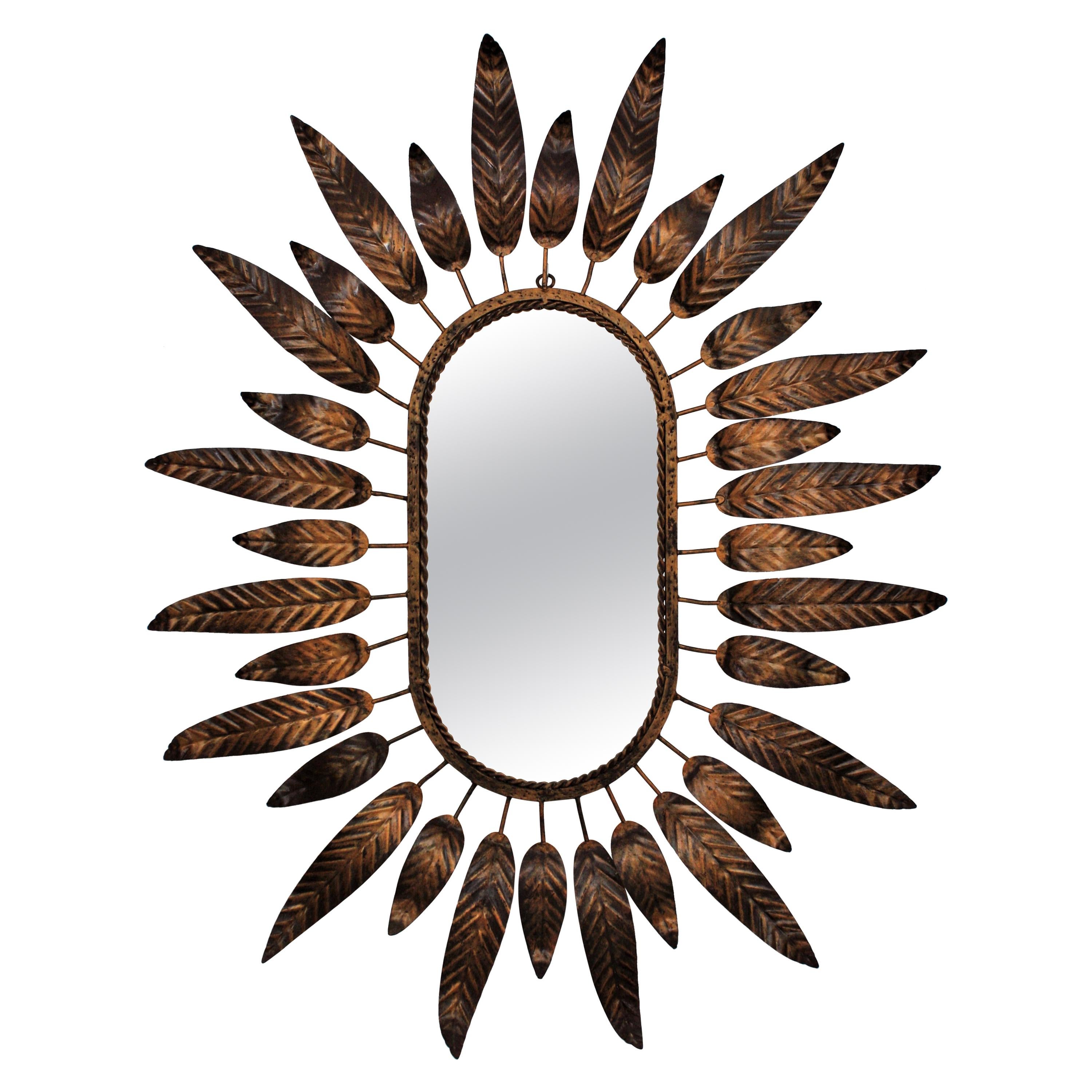 Sunburst Oval Mirror with Leafed Frame in Bronze Gilt Metal
