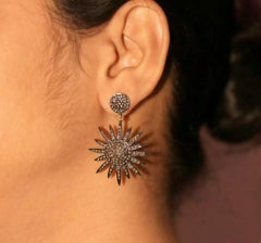 Sunburst Pave Diamond 14k Gold & 925 Silver Handmade Earring