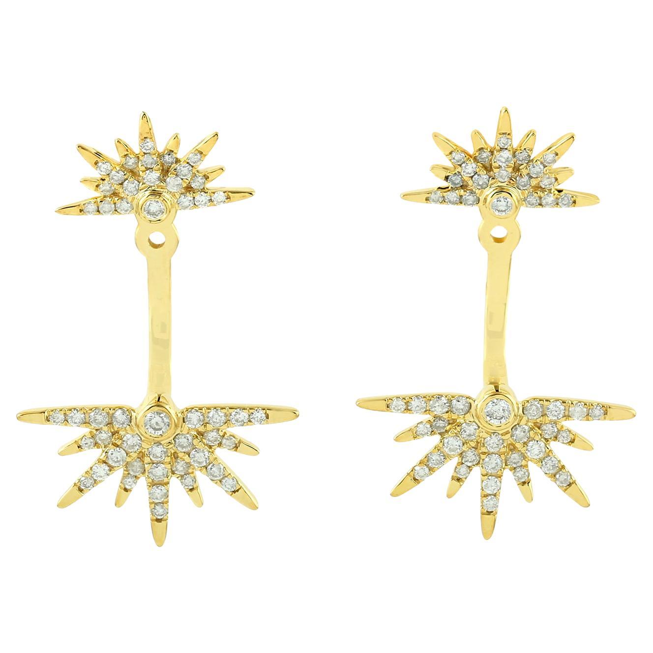 Vestes d'oreilles Sunburst pavées de diamants en or jaune 14 carats